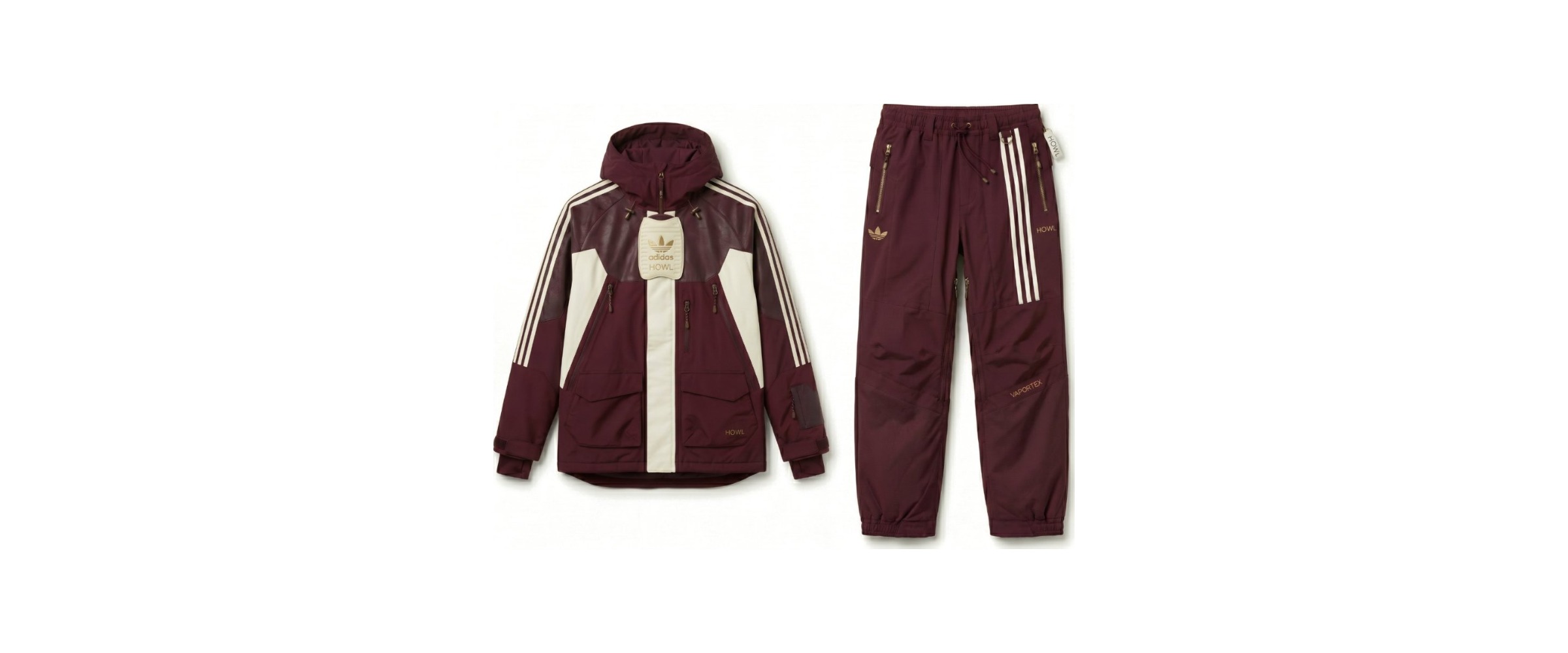 HOWL × adidas snow kit concept: burgundy and cream jacket with matching pants