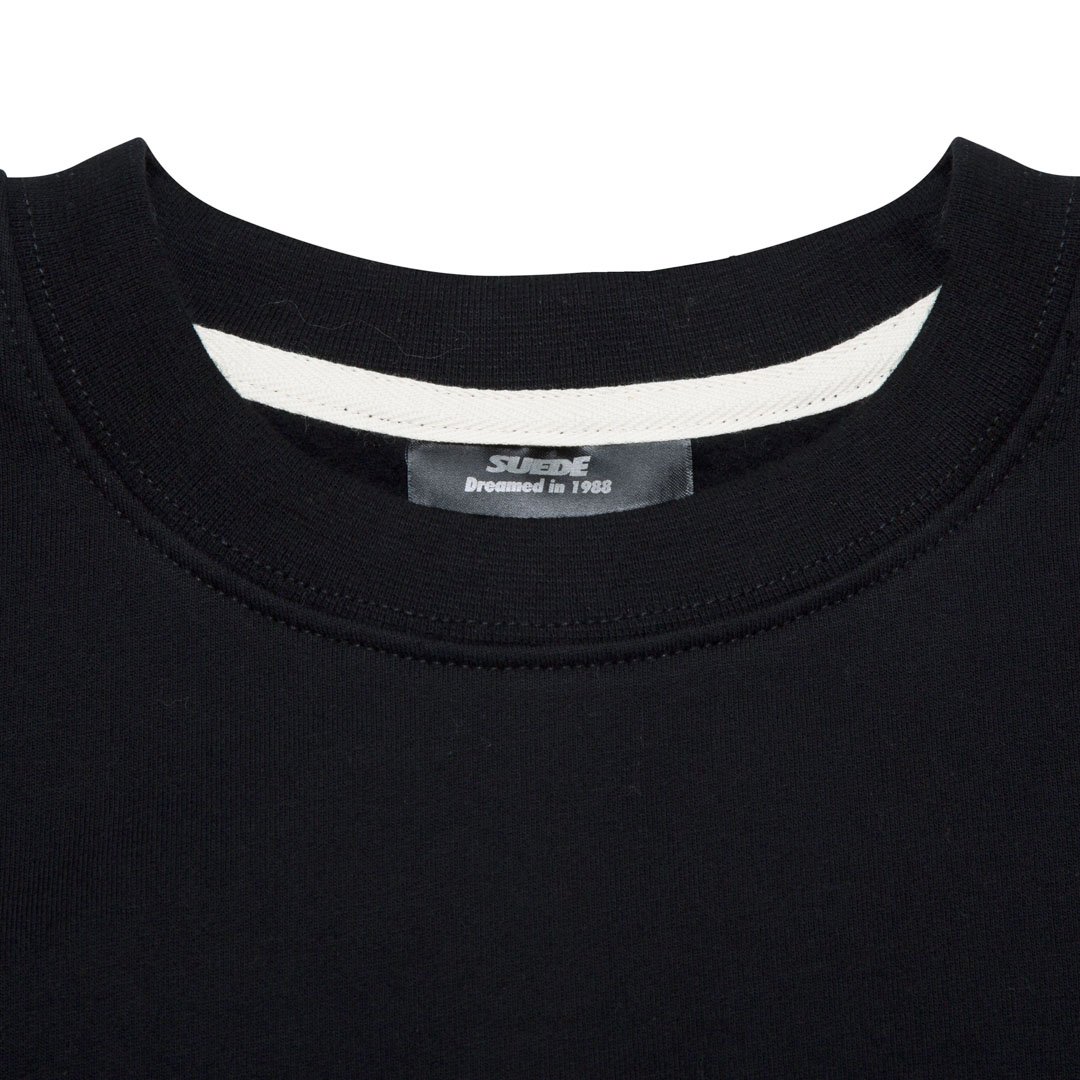 SUEDE1988 black crewneck, neck tape and woven label