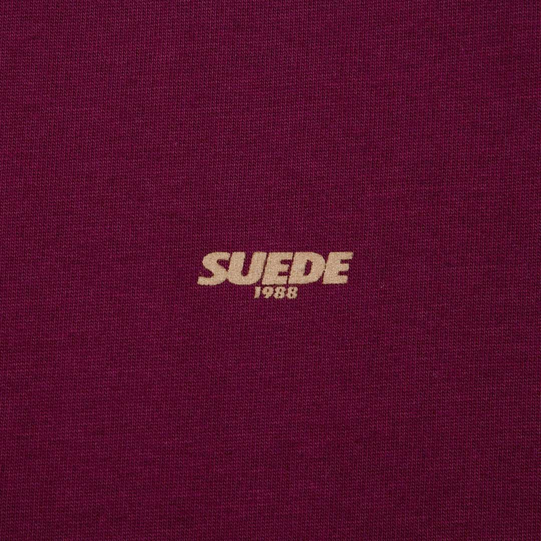 SUEDE1988 burgundy tee, printed wordmark close up