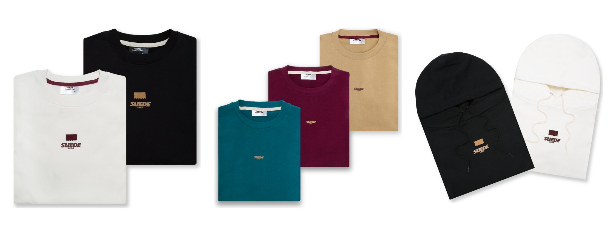 SUEDE1988 apparel capsule, crewnecks, tees and balaclavas