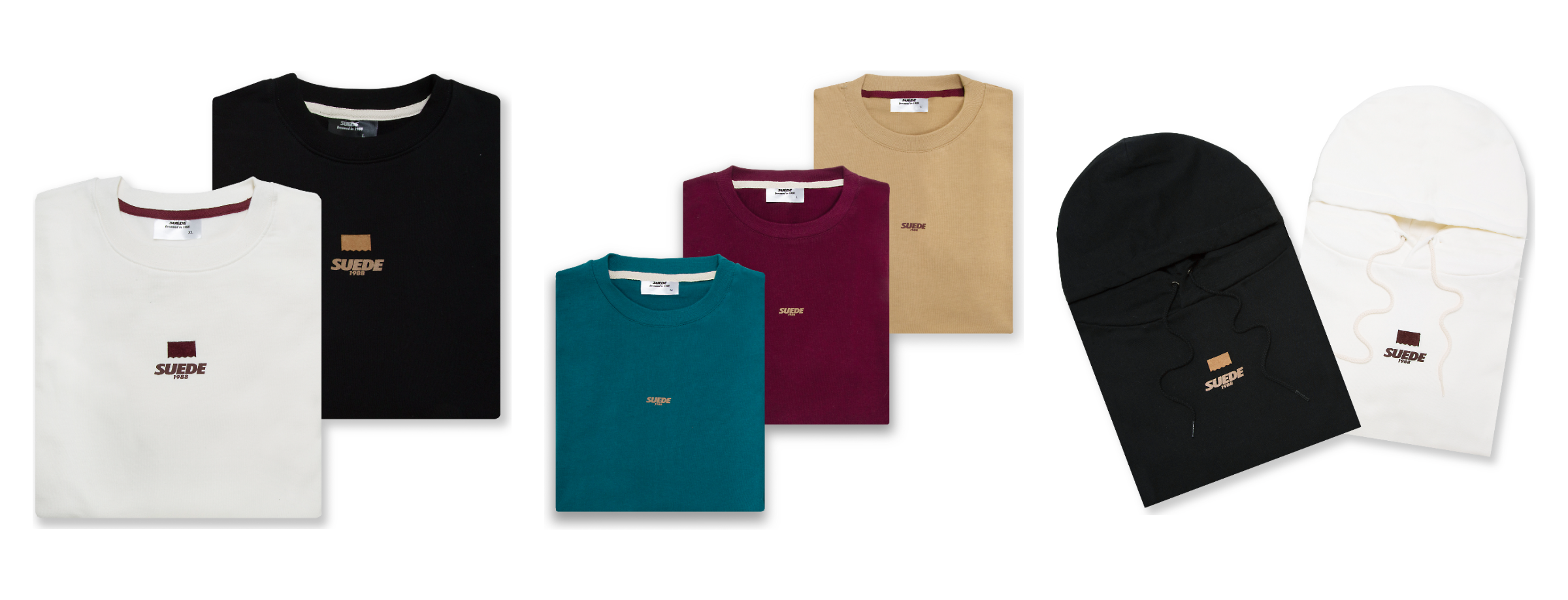 SUEDE1988 apparel capsule — crewnecks, tees and balaclavas