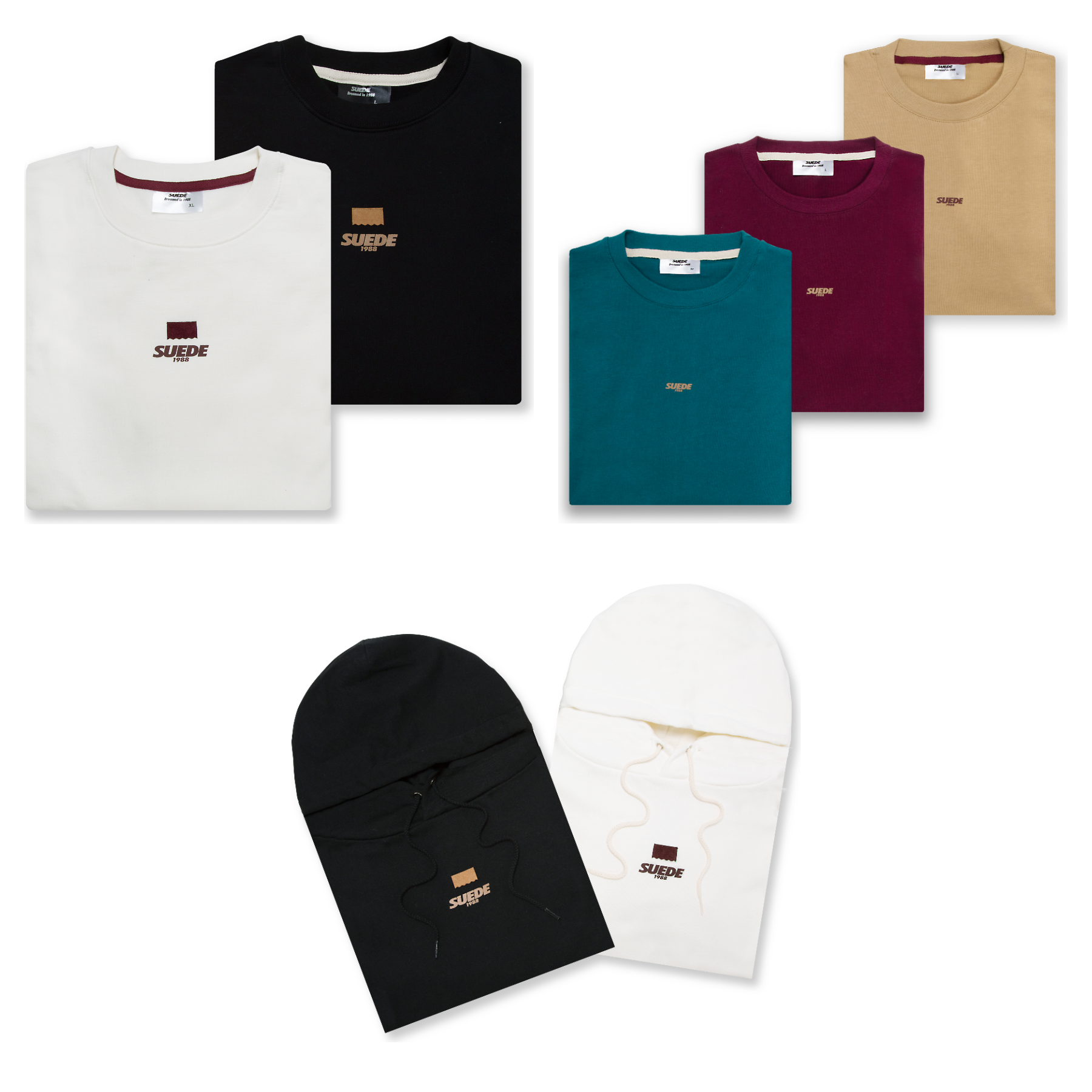 SUEDE1988 apparel capsule — crewnecks, tees and balaclavas