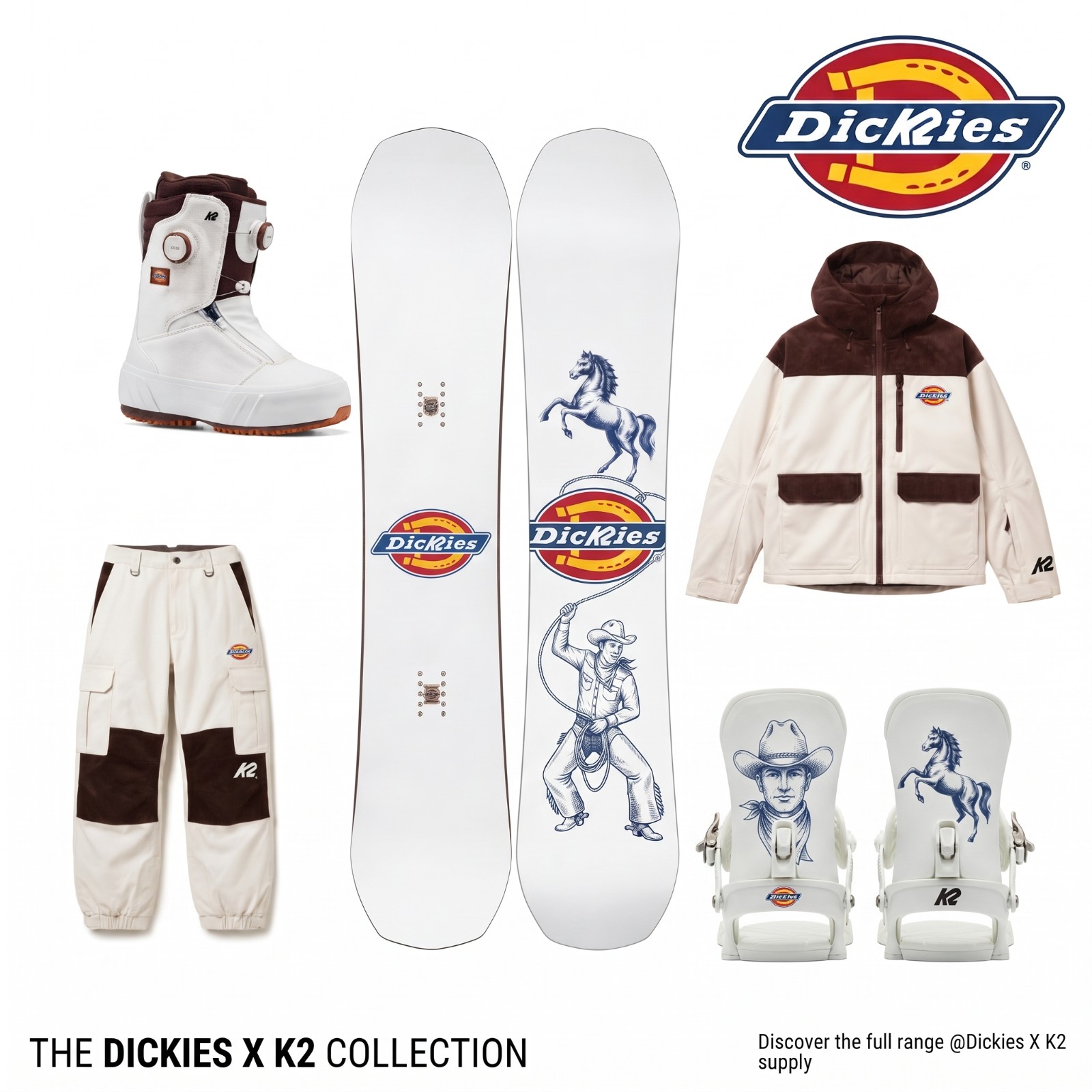 Dickies x K2 capsule sheet: boot, board, bindings, jacket and pants