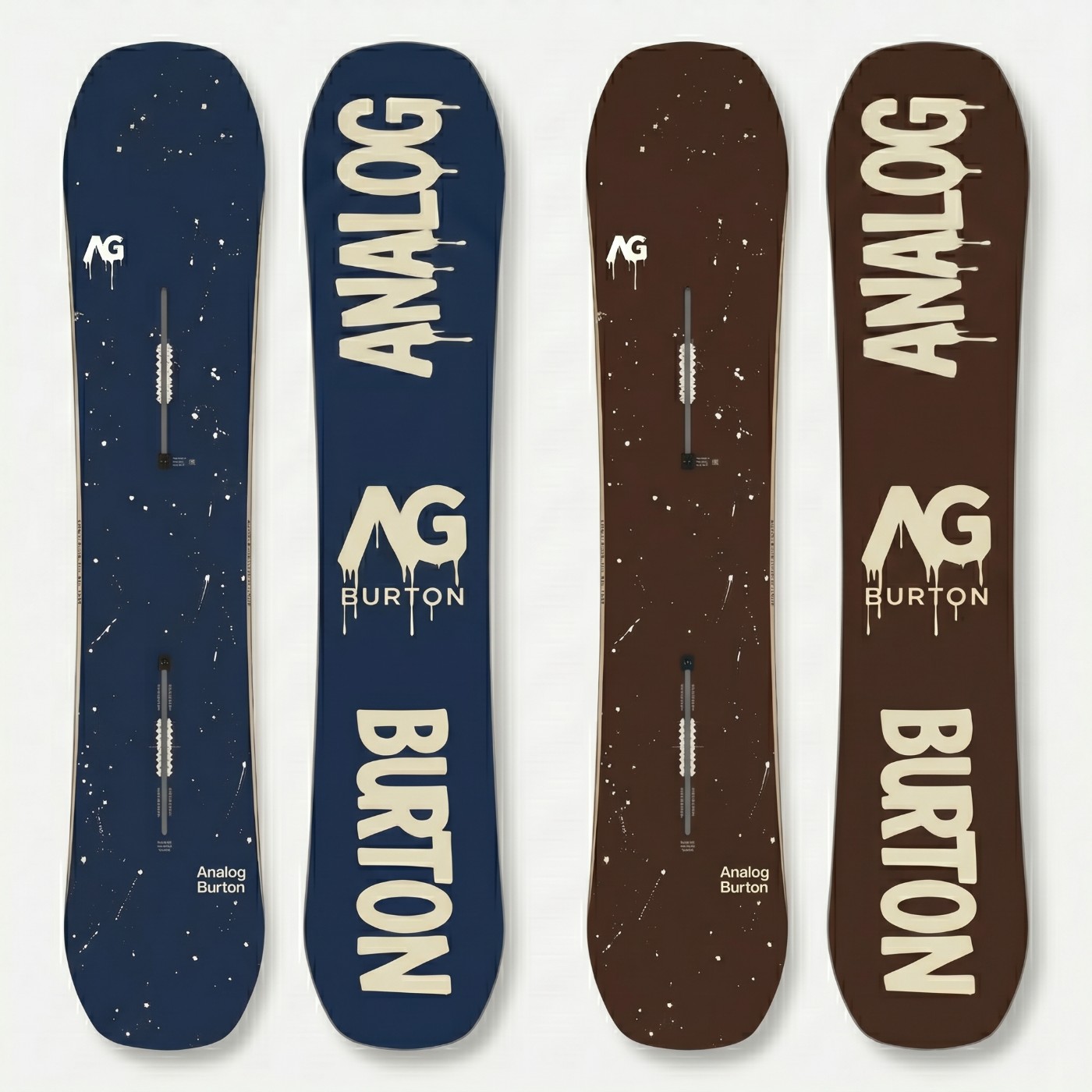 Analog x Burton snowboards in navy and brown with drip lettering