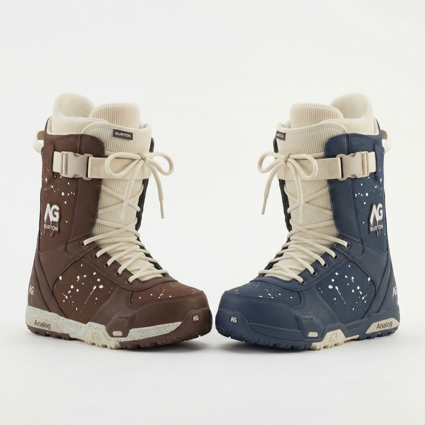 Analog x Burton lace boots in brown and navy with paint splatter