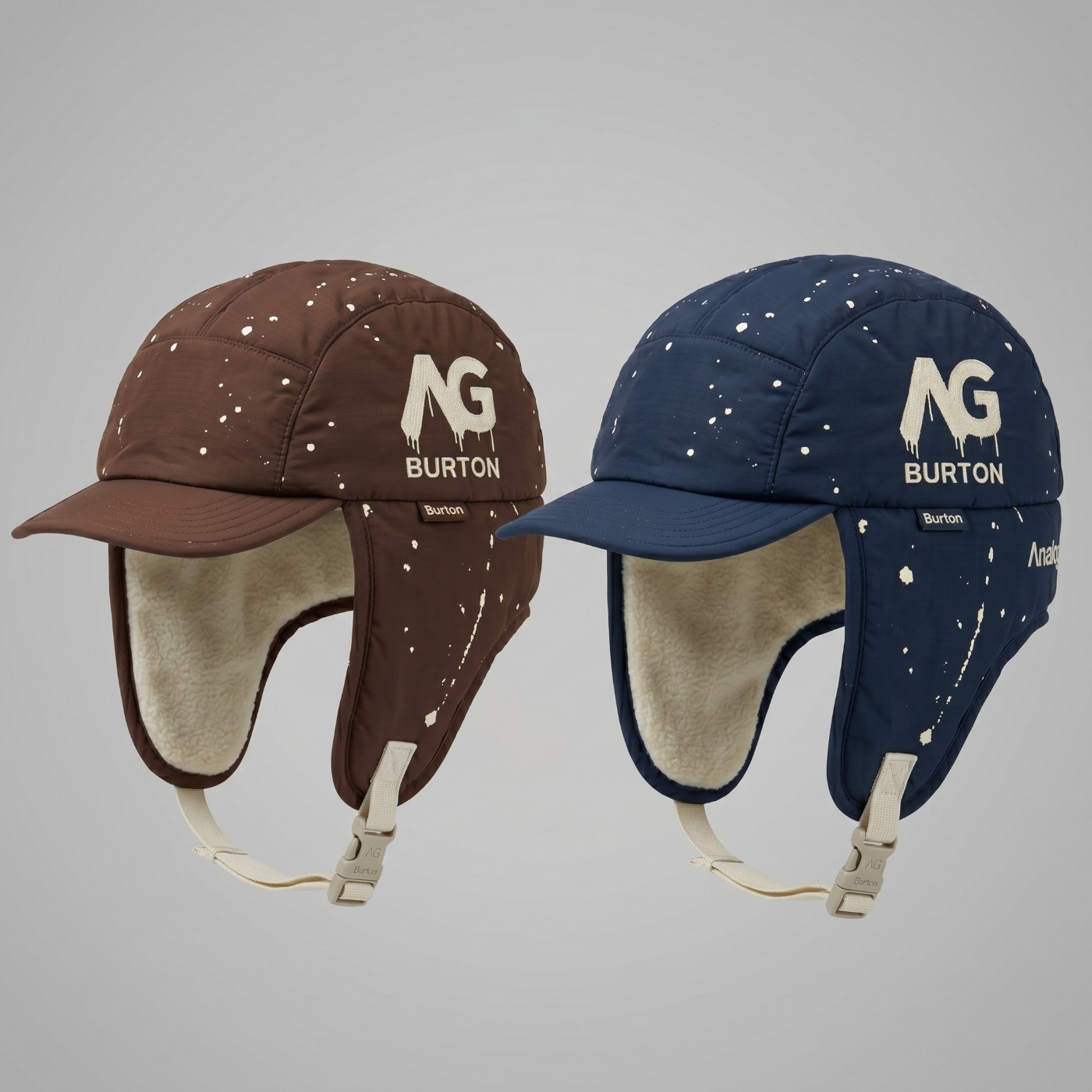 Analog x Burton earflap caps in brown and navy