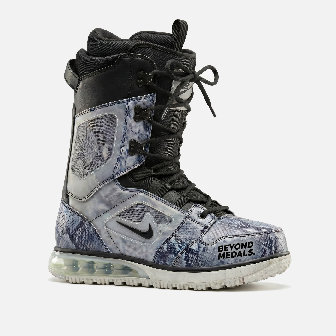 Beyond Medals x Nike snowboard boot in snakeskin print with visible air unit