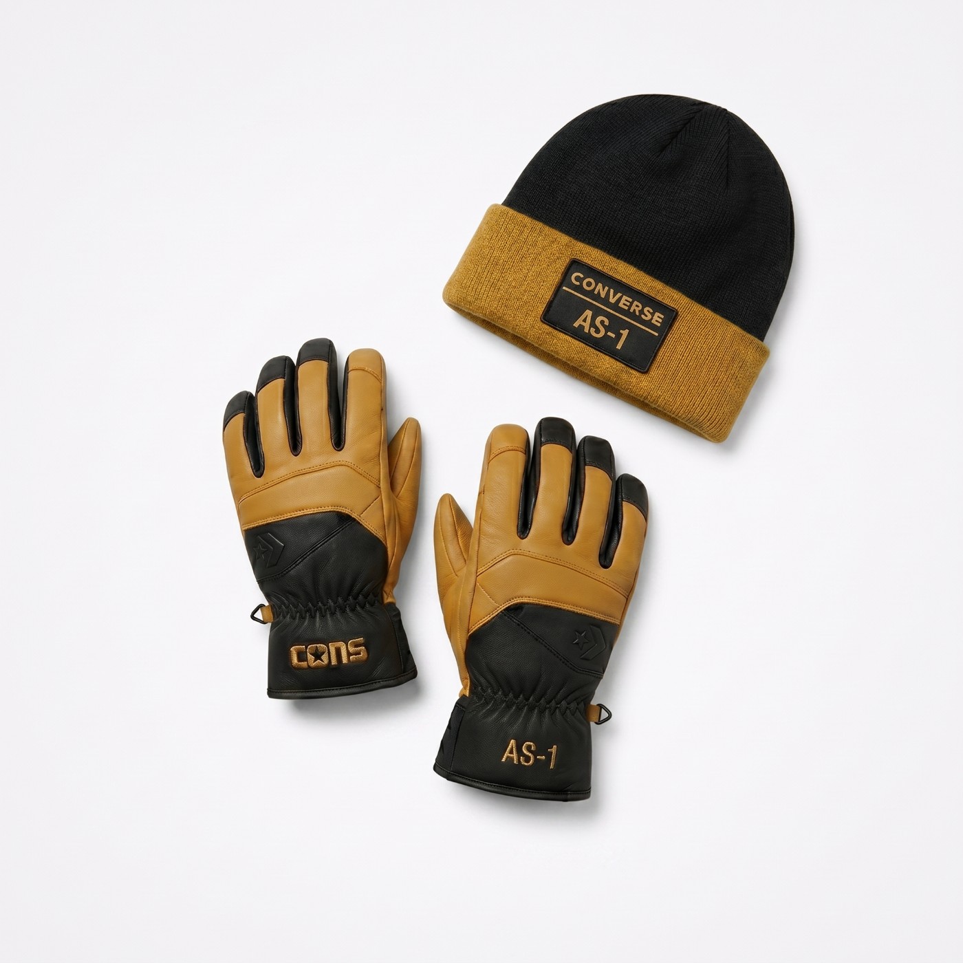 Converse CONS leather gloves and cuffed beanie in black and gold