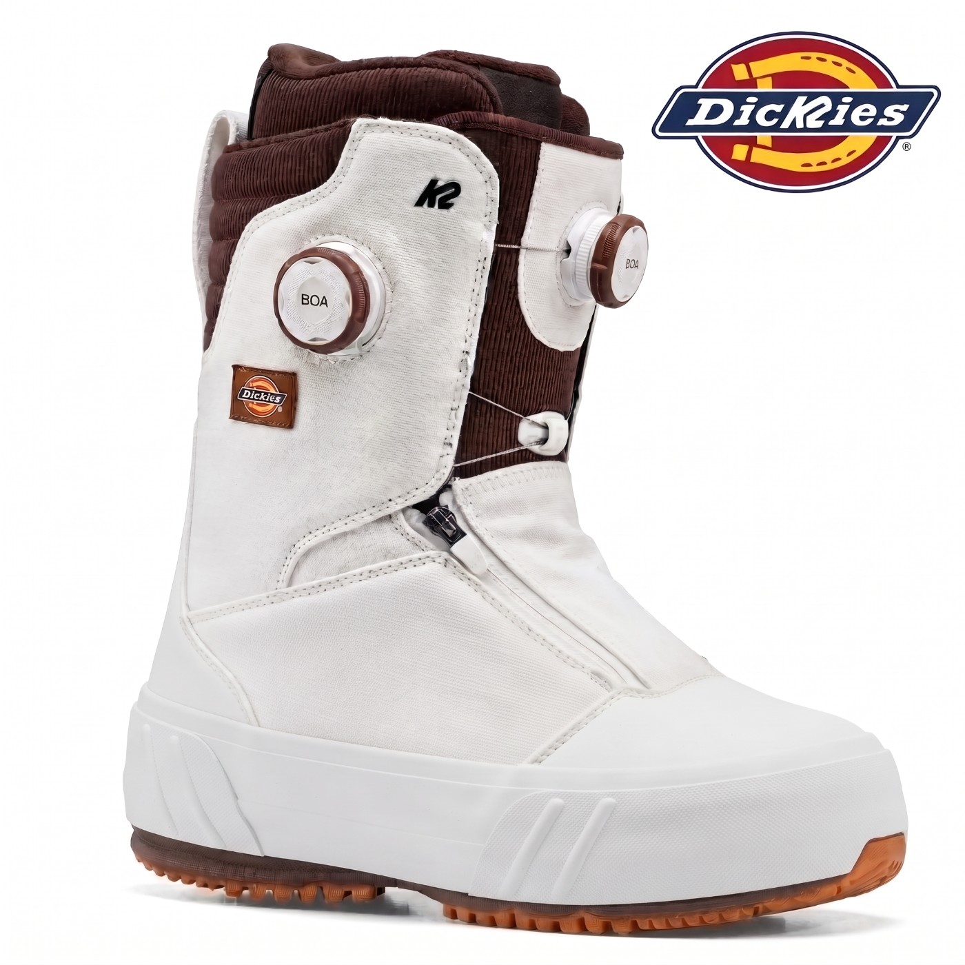Dickies x K2 dual BOA snowboard boot in cream canvas and brown corduroy