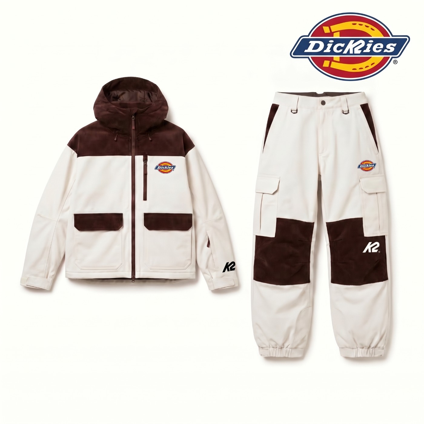 Dickies x K2 jacket and cargo pants in cream with brown corduroy panels