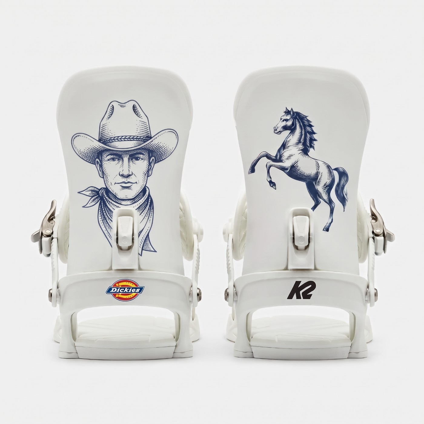 Dickies x K2 bindings with cowboy and horse highback art