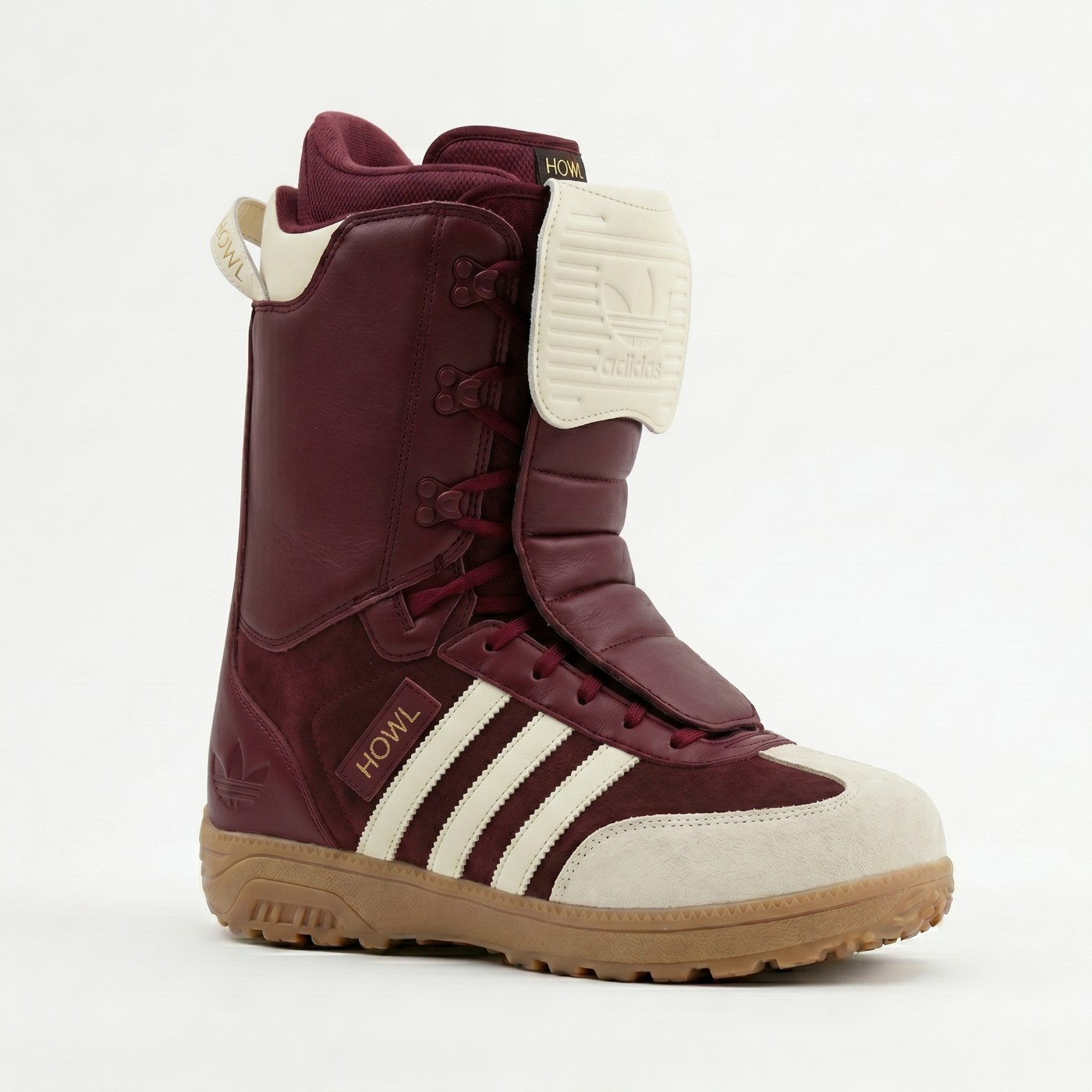 HOWL × adidas snowboard boot, burgundy leather and suede with cream three stripes and gum sole