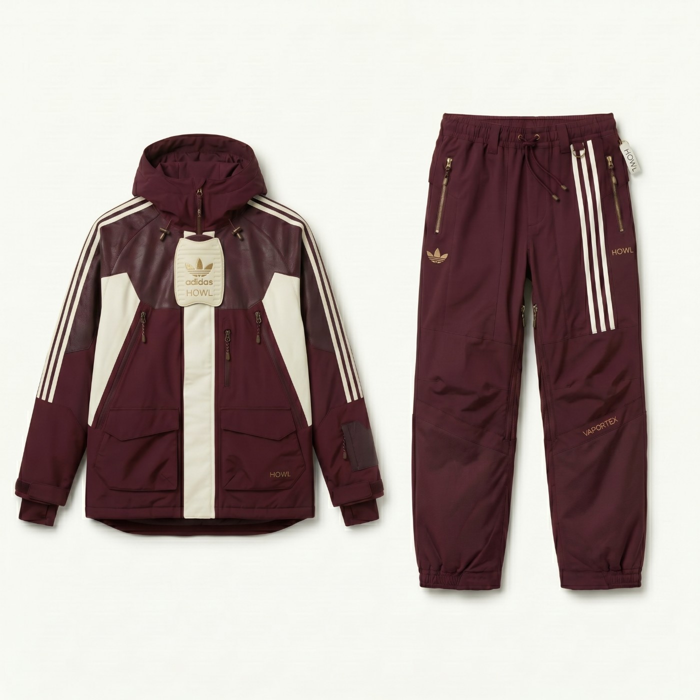HOWL × adidas snow jacket and pants, burgundy with cream panels and three stripes