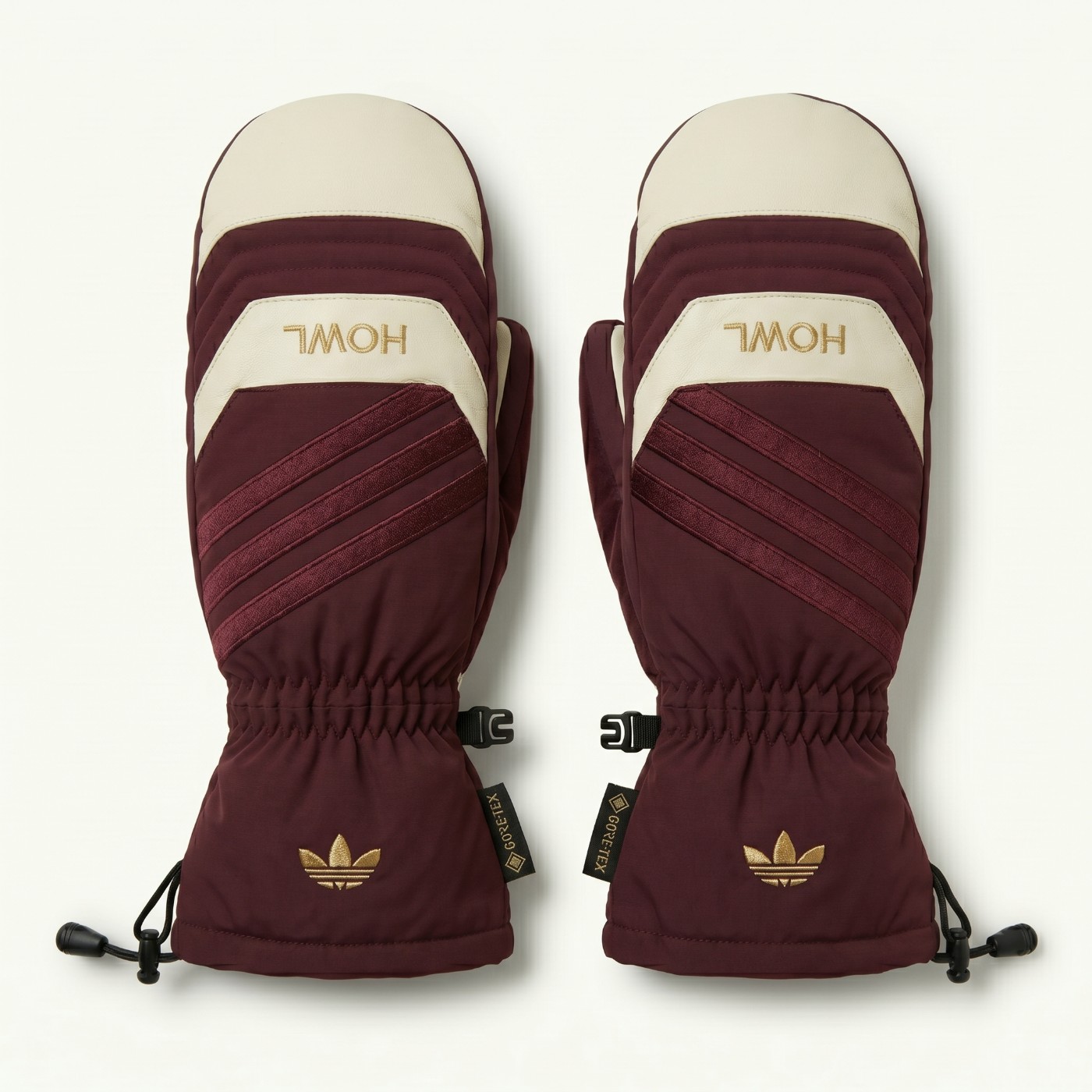 HOWL × adidas GORE-TEX mittens, burgundy with cream leather and gold trefoil