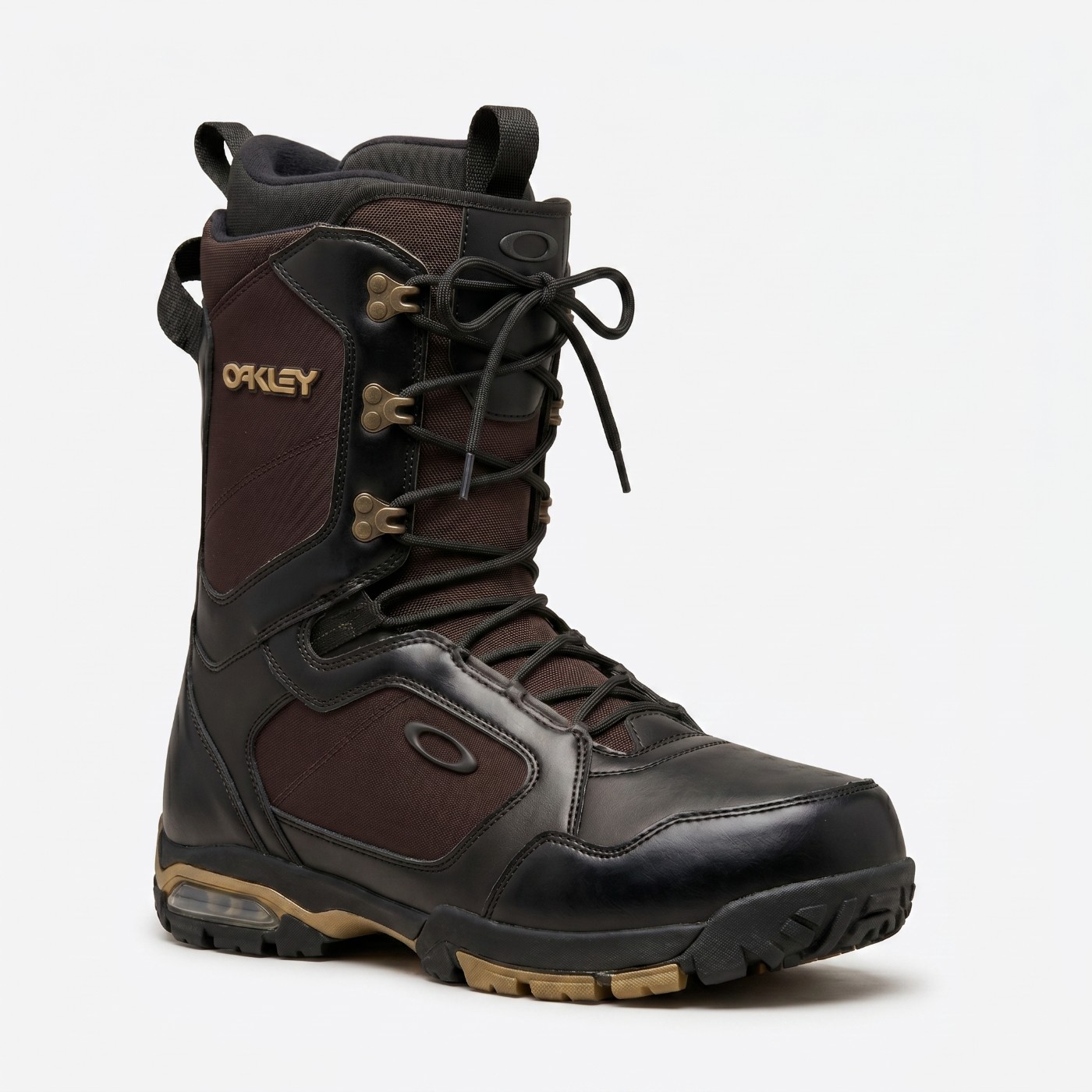 Oakley lace snowboard boot, brown and black with gold eyelets