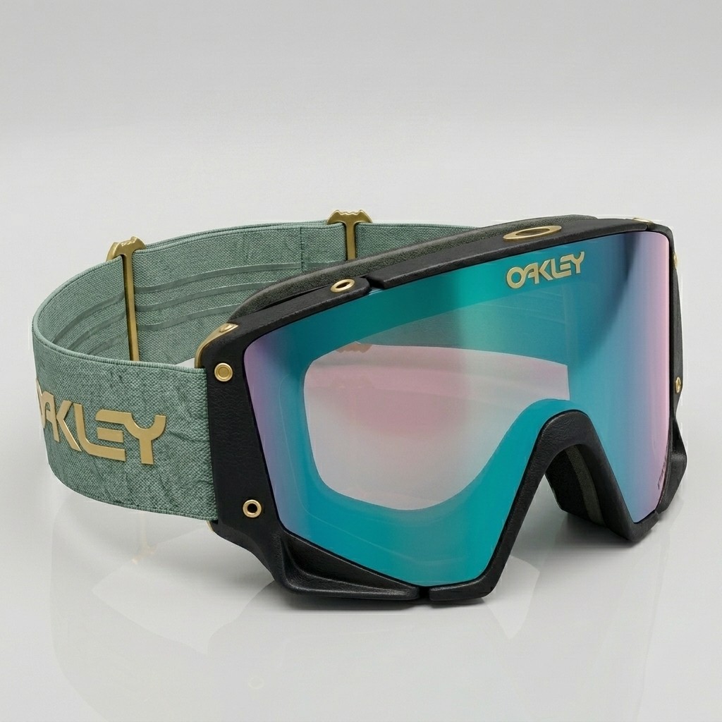 Oakley snow goggle, black frame, sage strap, gold logo