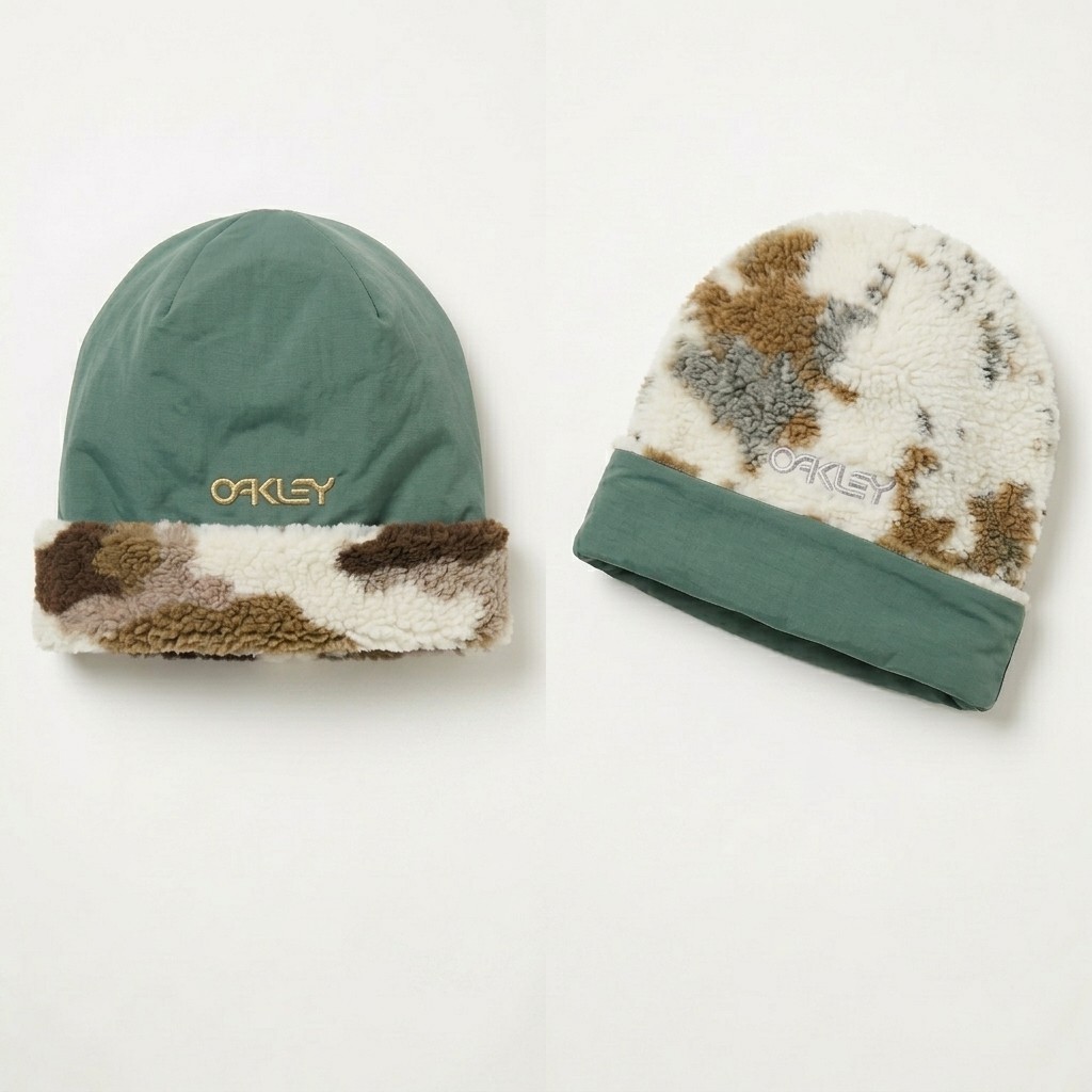 Oakley reversible beanies, sage nylon and camo sherpa