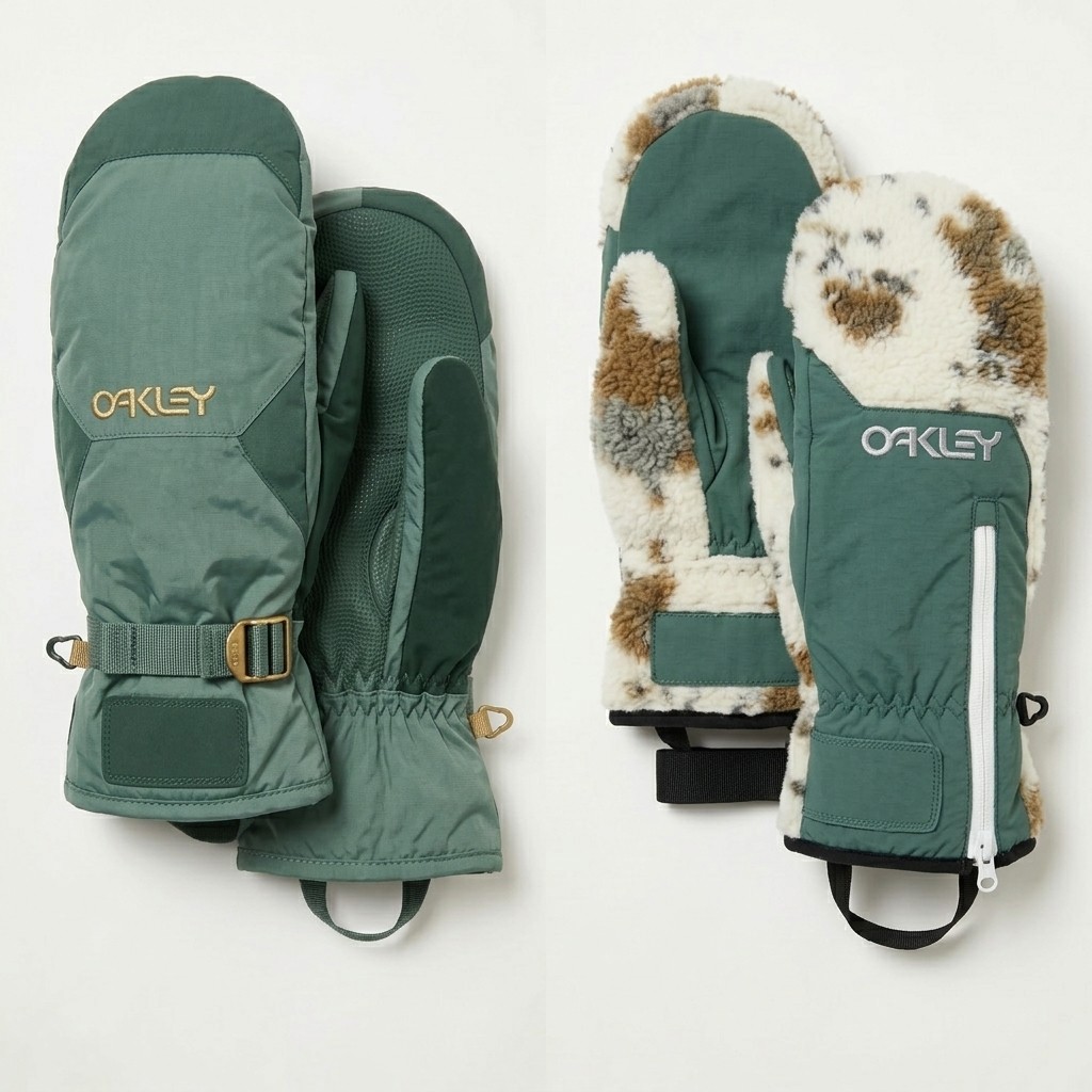Oakley mittens, sage nylon and camo sherpa