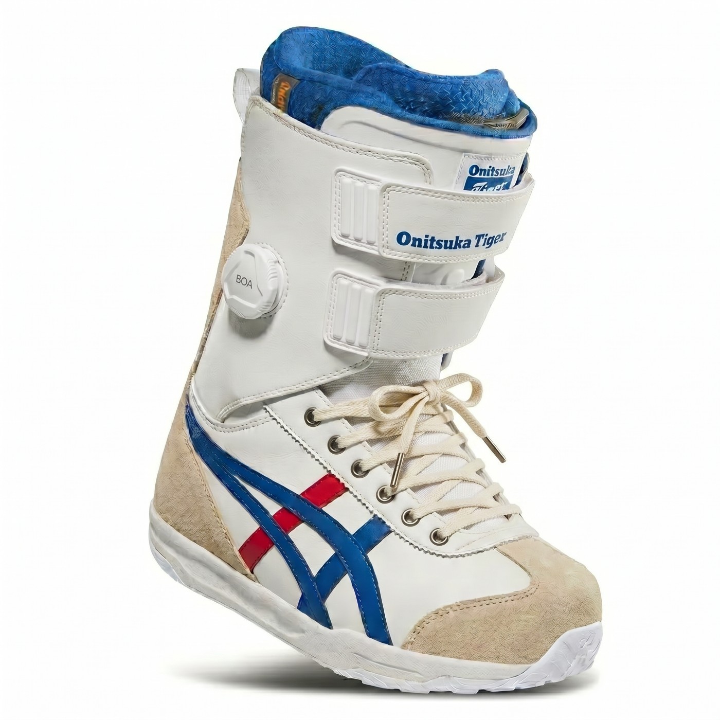 Onitsuka Tiger BOA snowboard boot in white with blue and red stripes