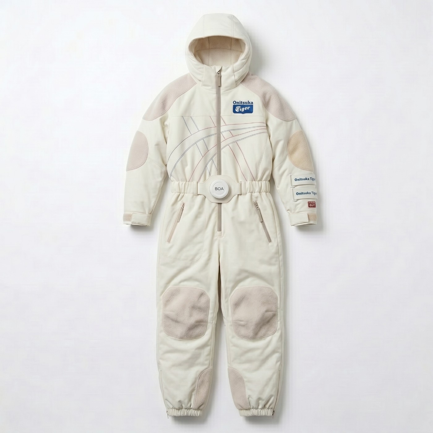 Onitsuka Tiger one-piece snow suit in cream with BOA waist