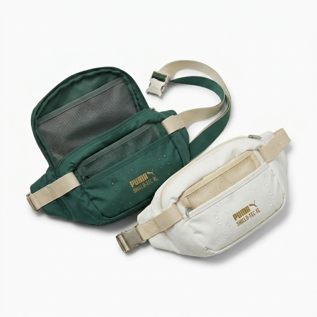 PUMA Shield-Tec XL hip bags in green and cream