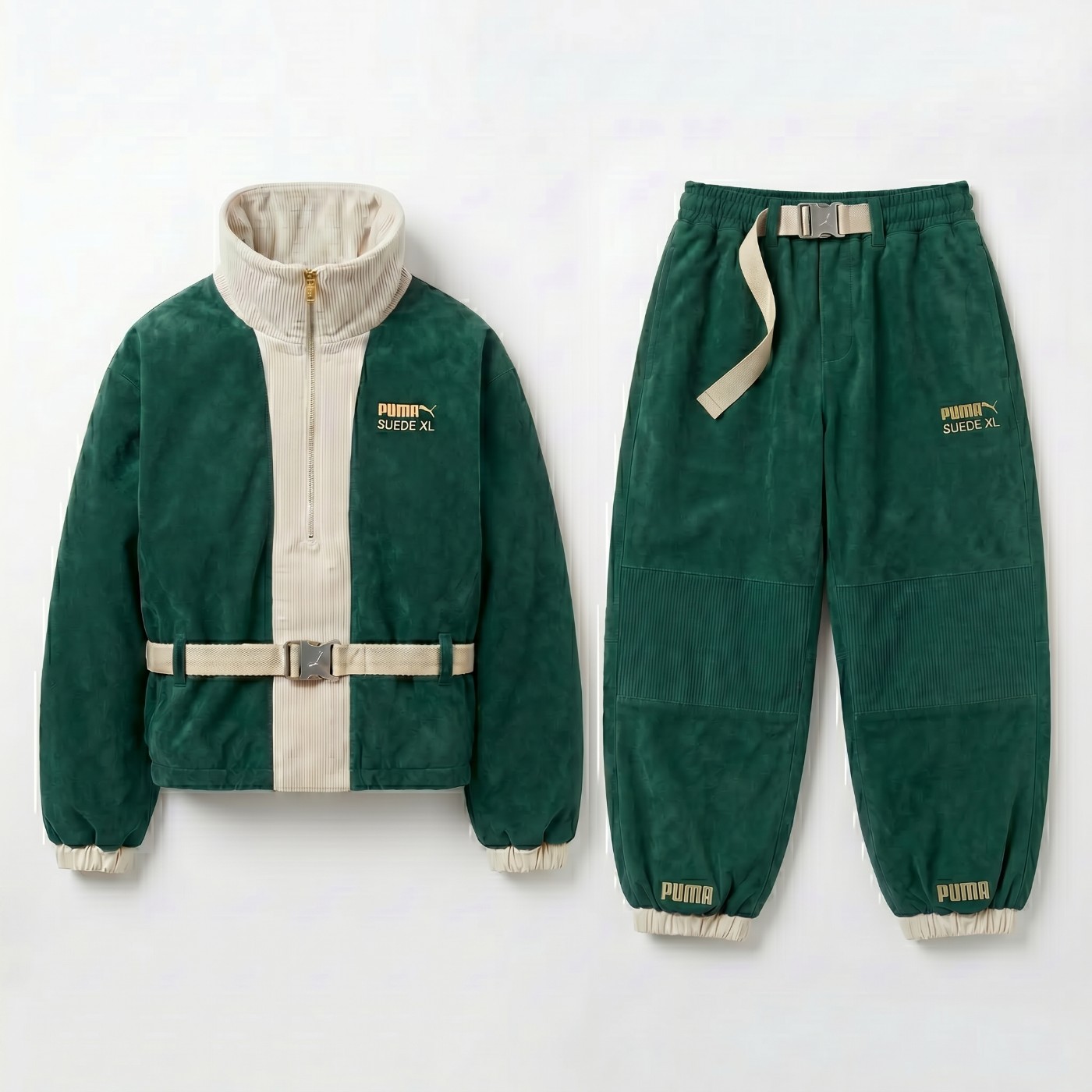 PUMA Suede XL jacket and pants in green with corduroy panels