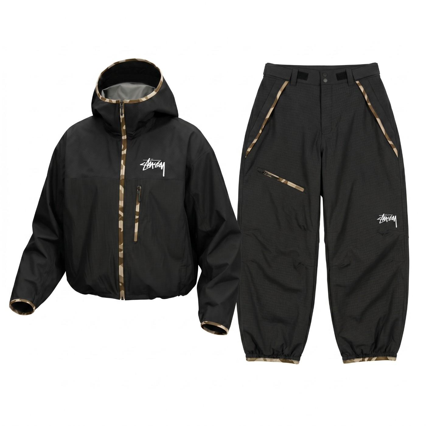 Stüssy black jacket and pants with camo trim