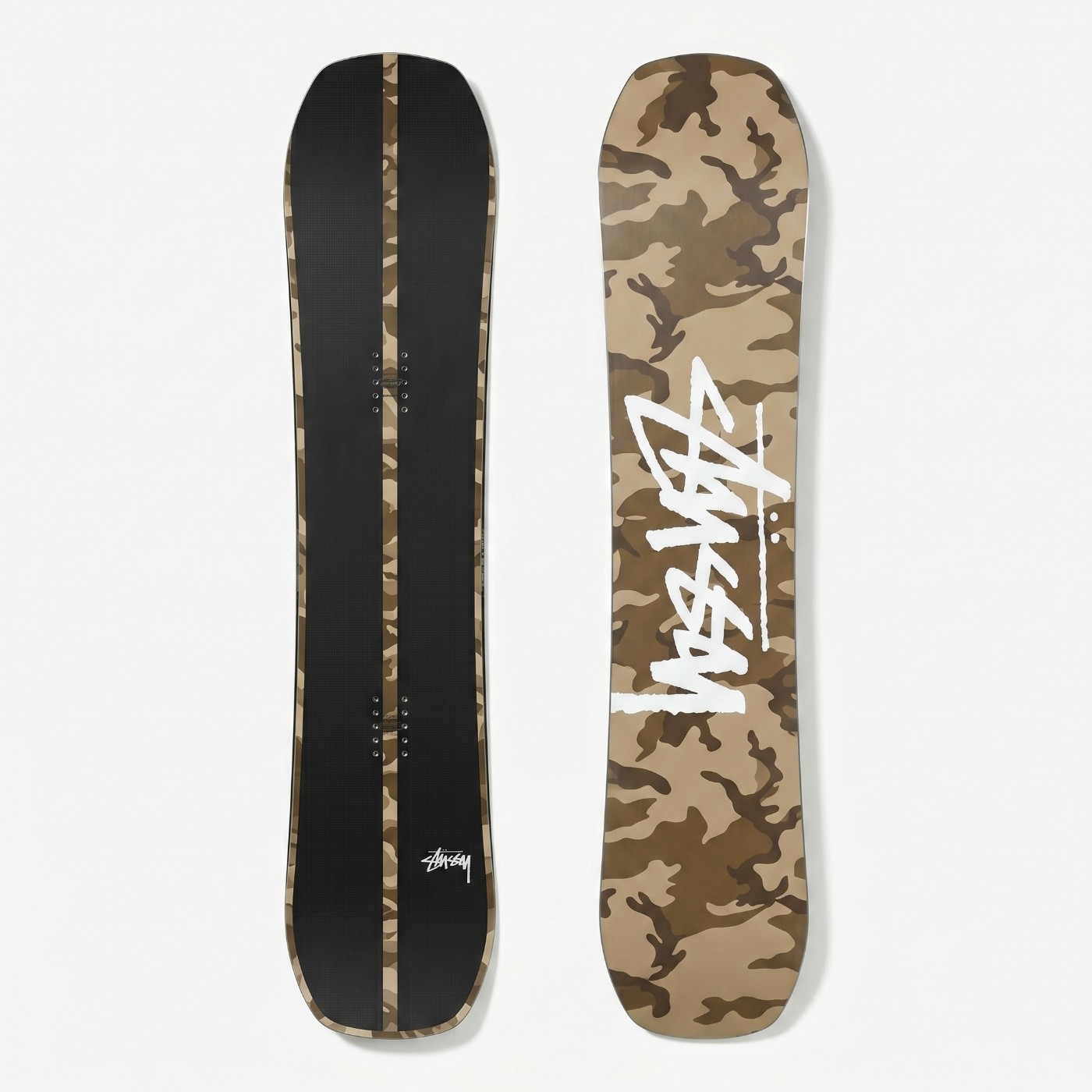 Stüssy snowboard, black top and camo base