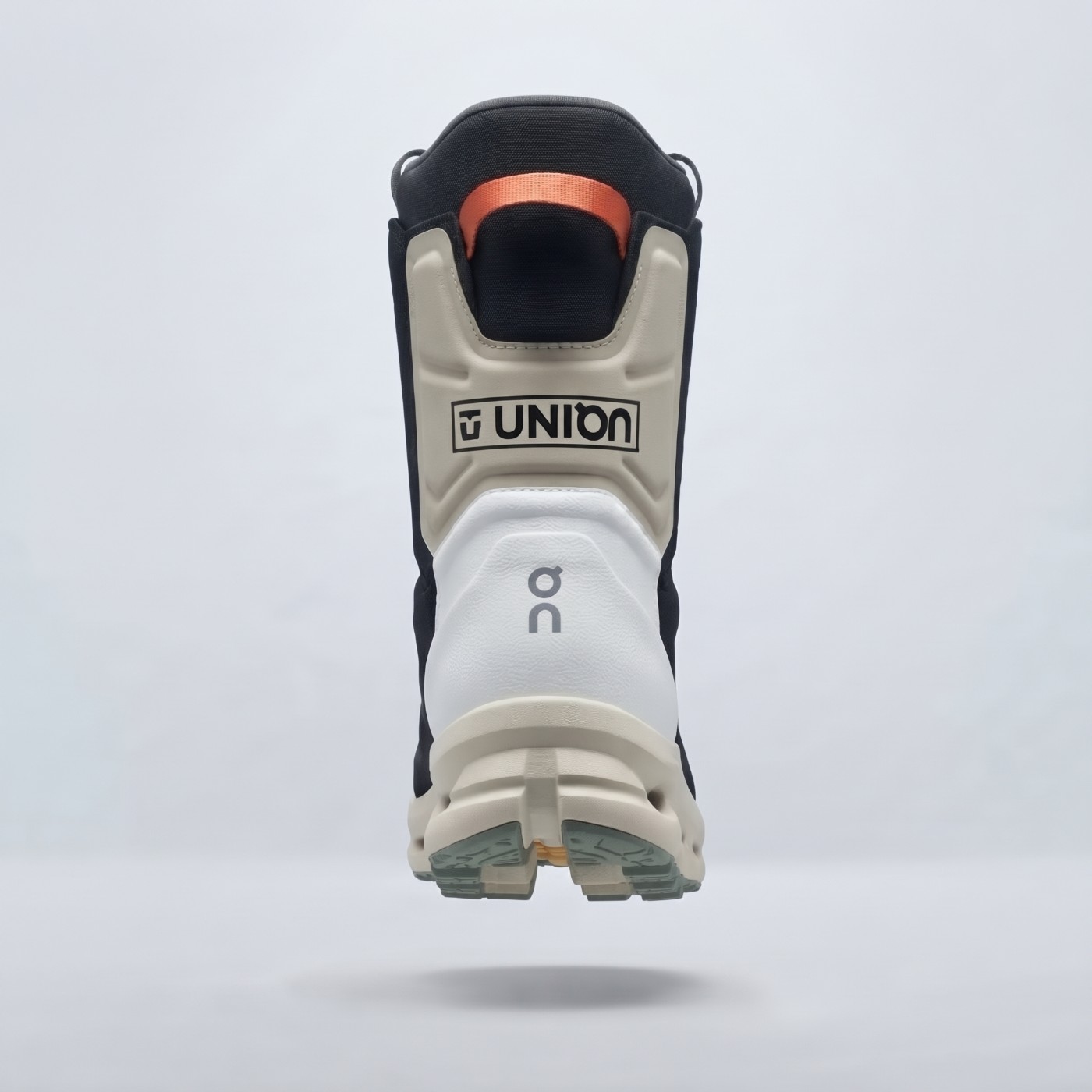 Union x On snowboard boot heel view with Union and On logos