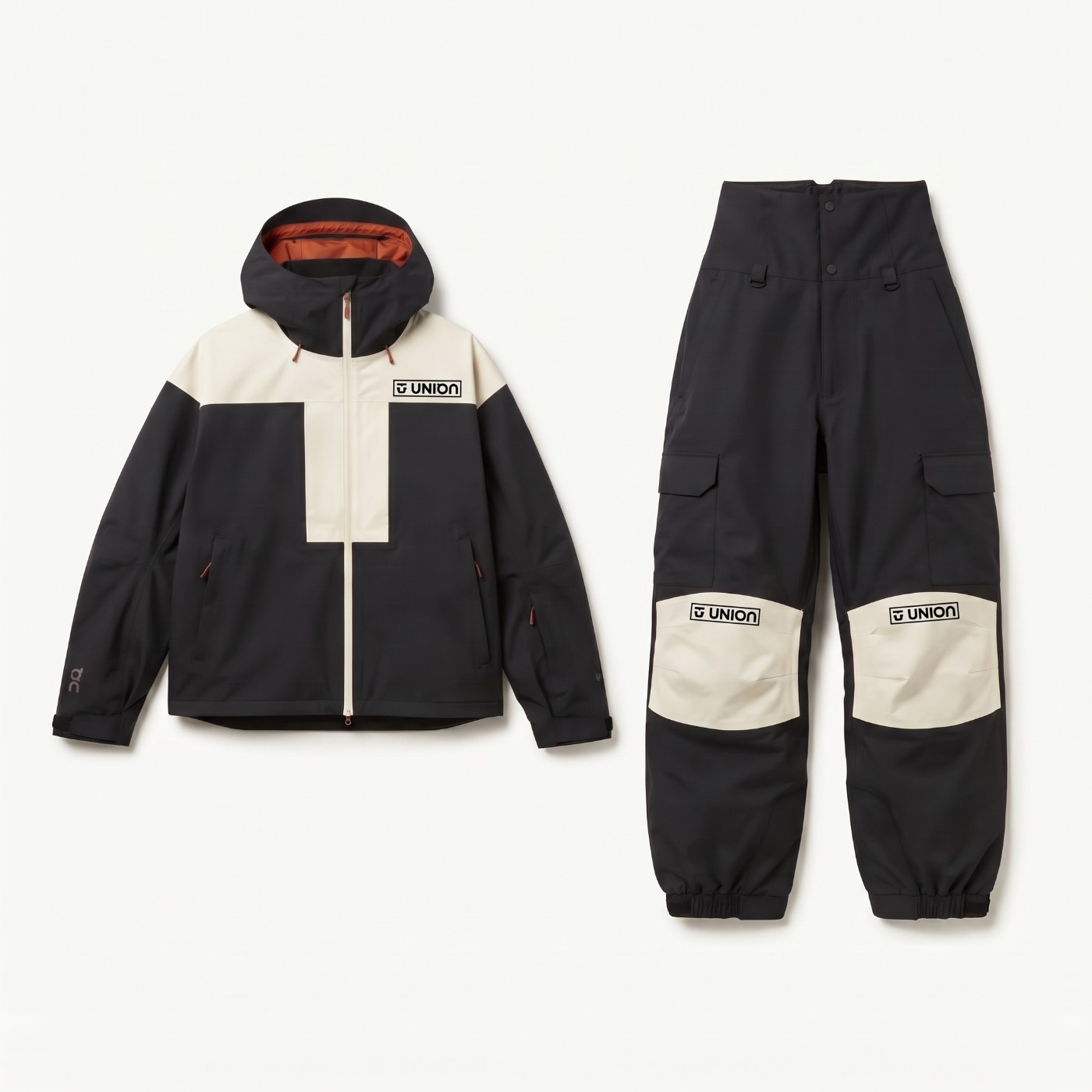 Union x On jacket and bib pants in black and cream
