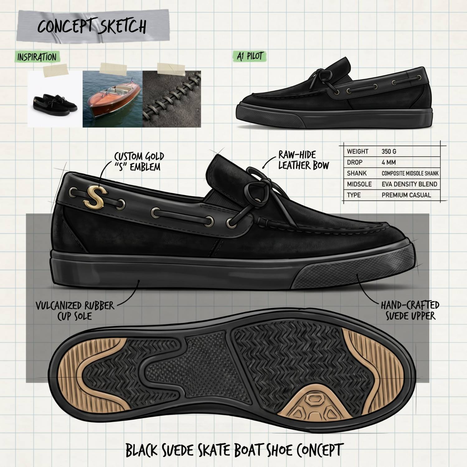 Black suede skate boat shoe concept sheet, inspiration, callouts, spec table and outsole