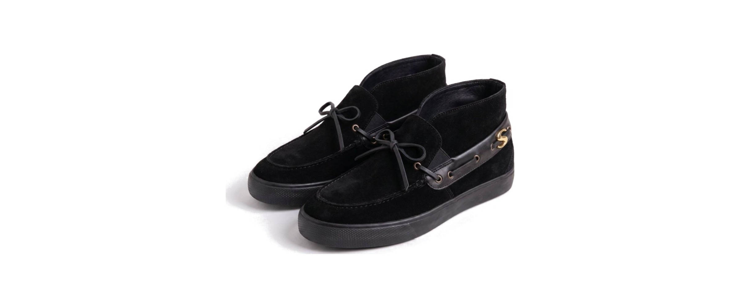 Black suede skate boat shoe, mid top, with rawhide lacing and gold S hardware