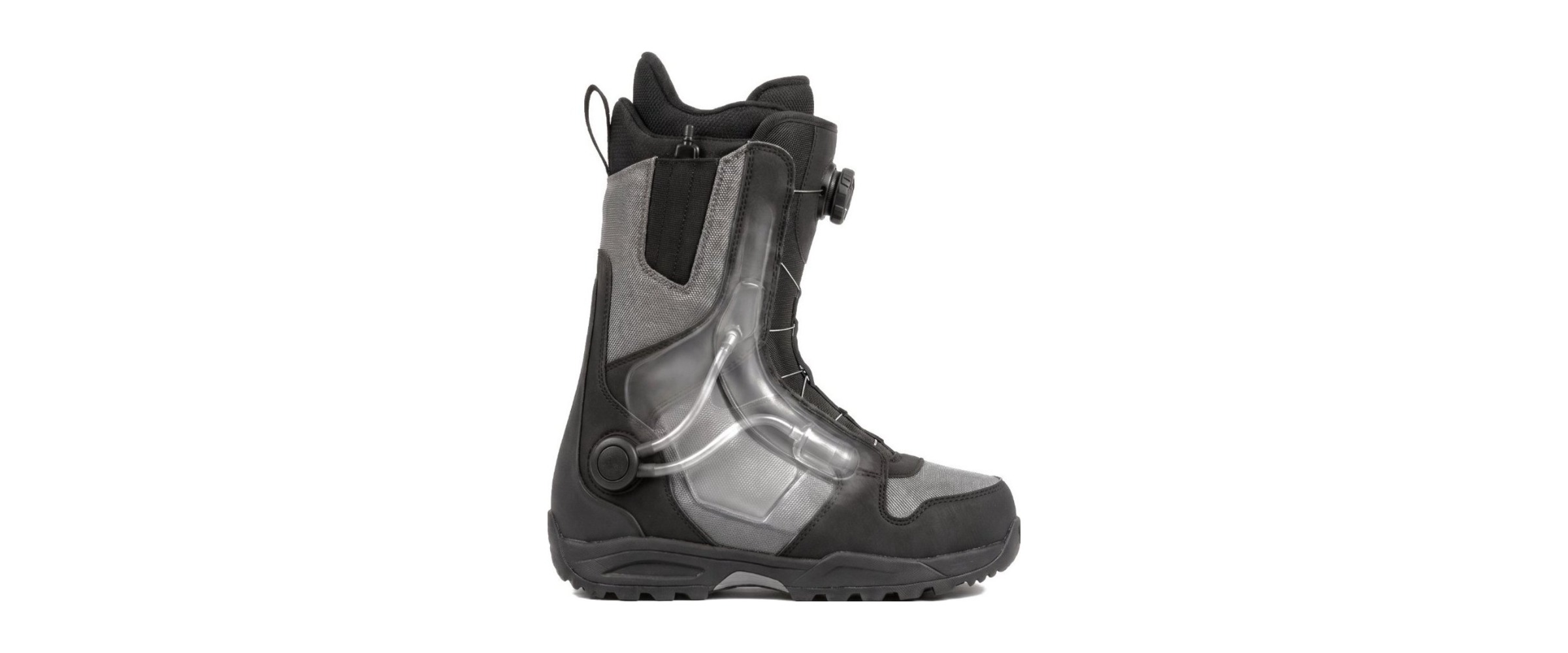 Black snowboard boot with integrated pump system and BOA dial