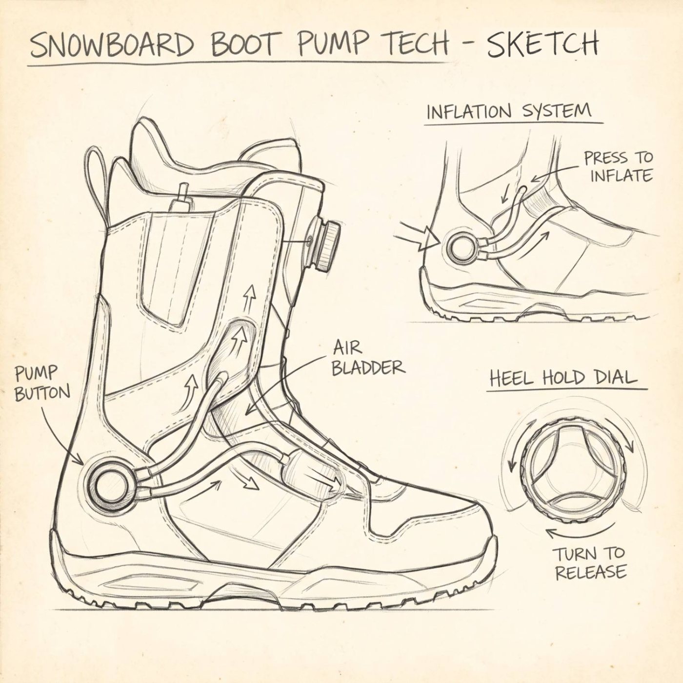 Boot pump, concept sketch with inflation system and heel hold dial