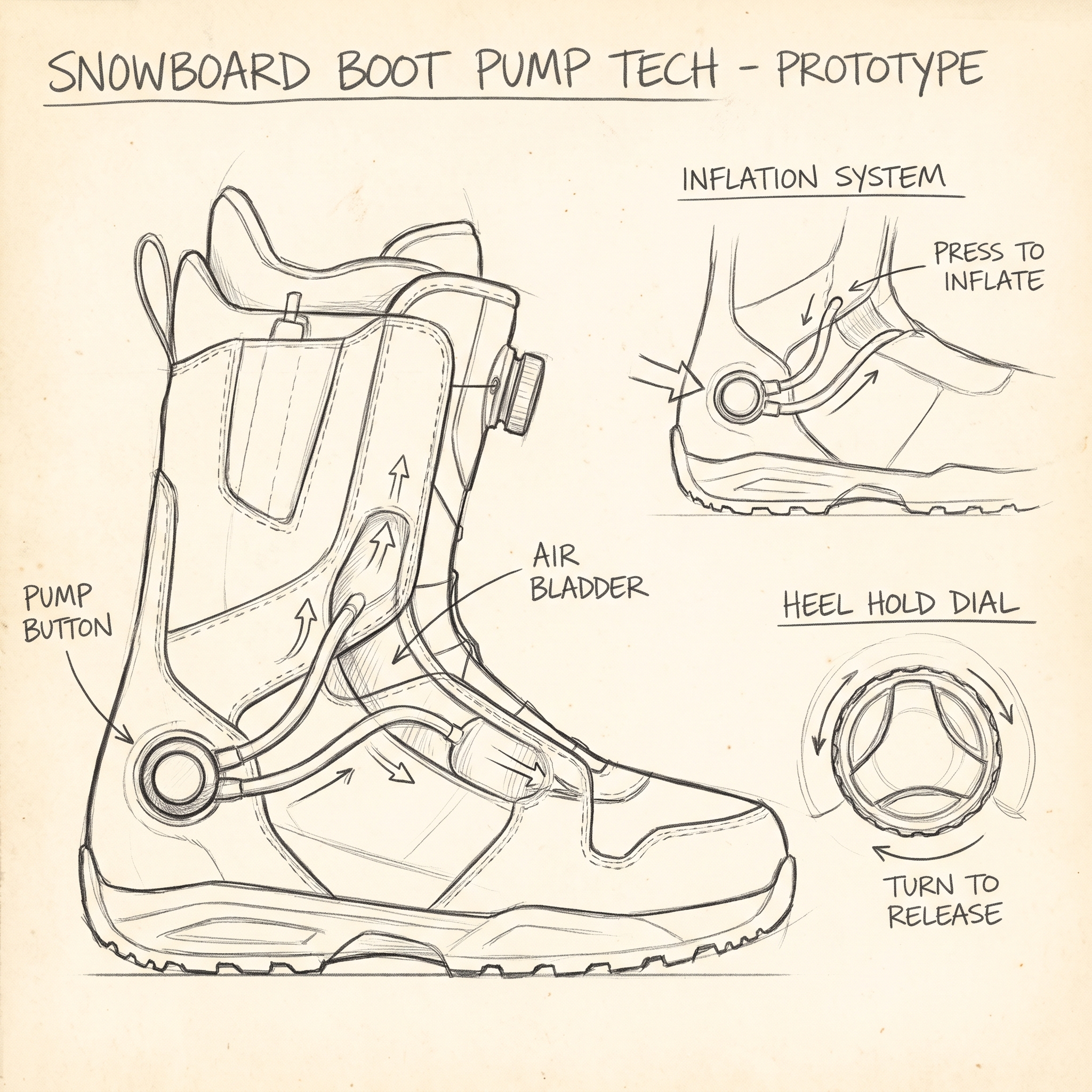 Boot pump — concept sketch with inflation system and heel hold dial