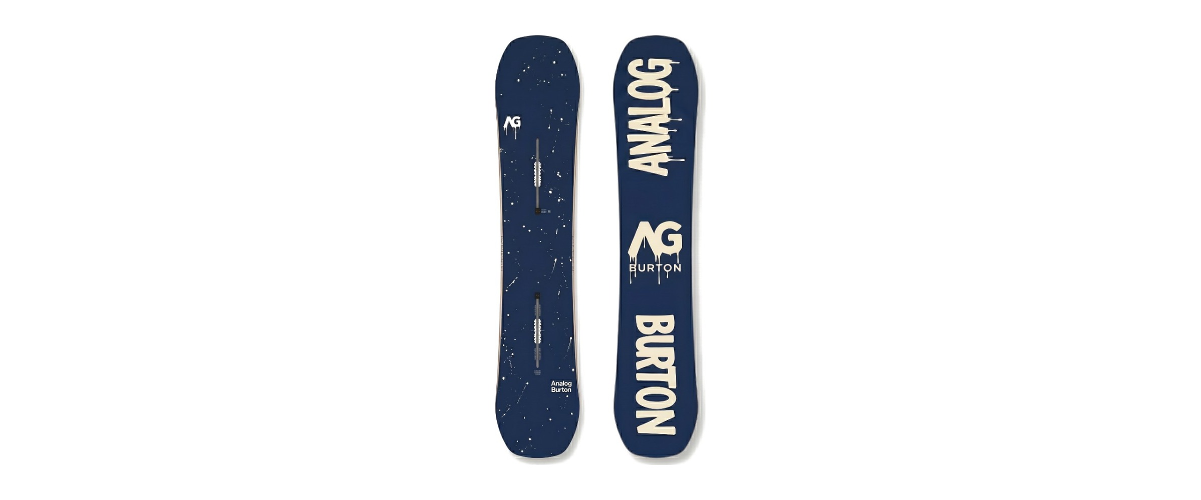 Analog x Burton snowboard concept, navy base with paint splatter and cream drip lettering topsheet