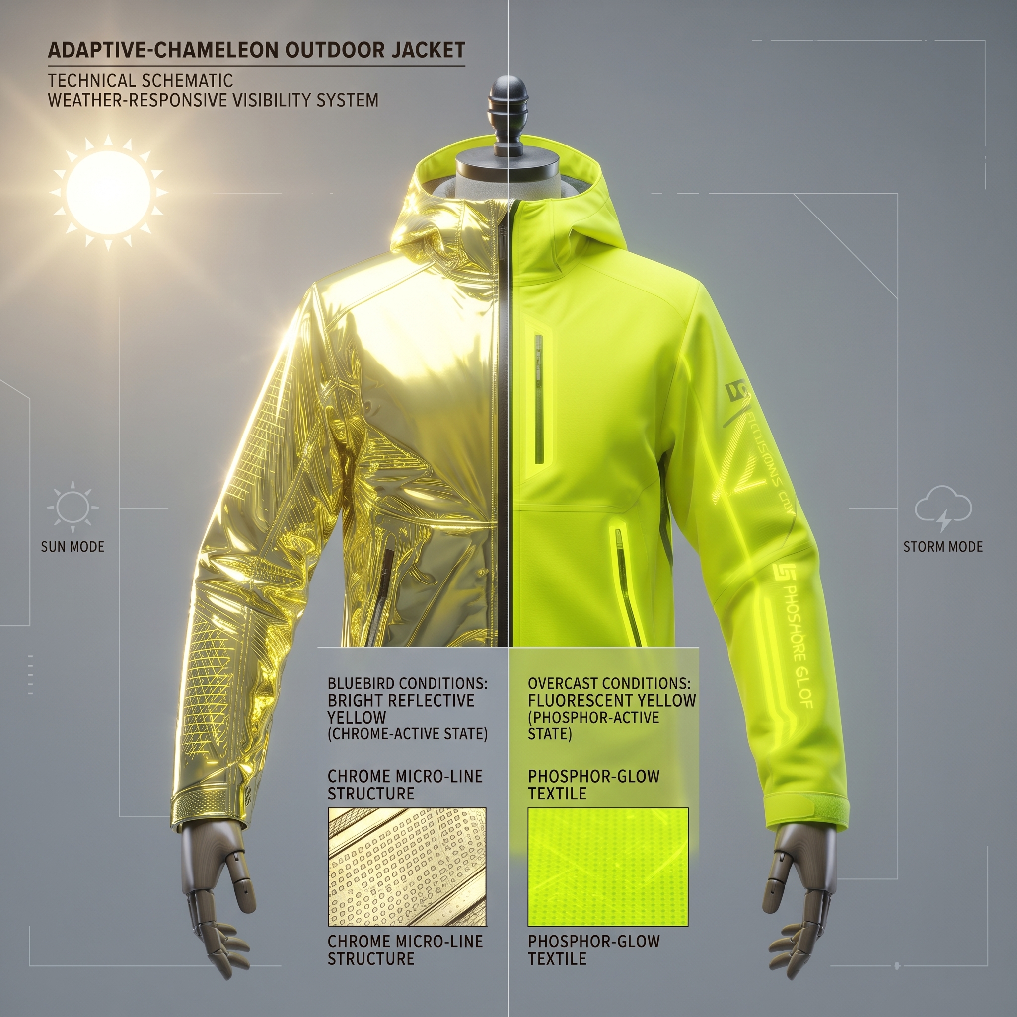 Adaptive-Chameleon jacket split render, reflective chrome sun mode beside fluorescent storm mode
