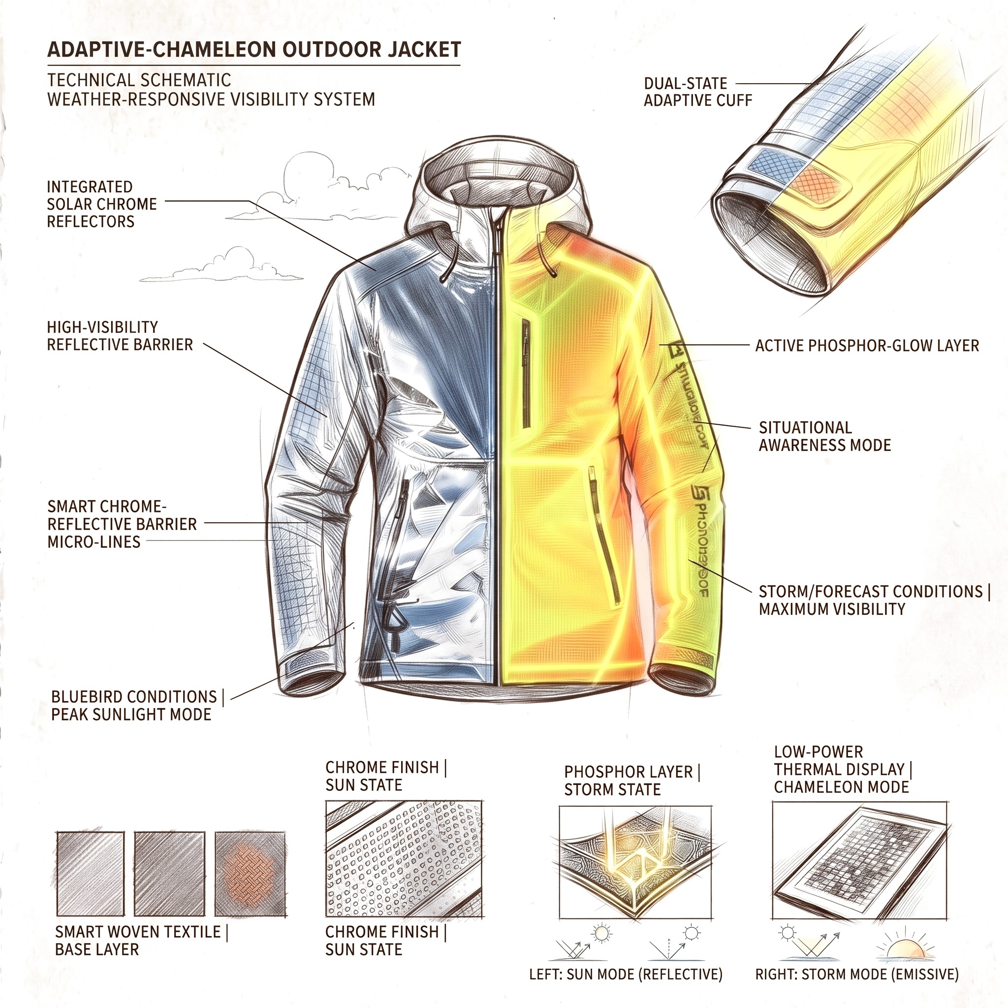 Adaptive-Chameleon jacket concept sheet, solar chrome reflectors, phosphor-glow layer and material swatches