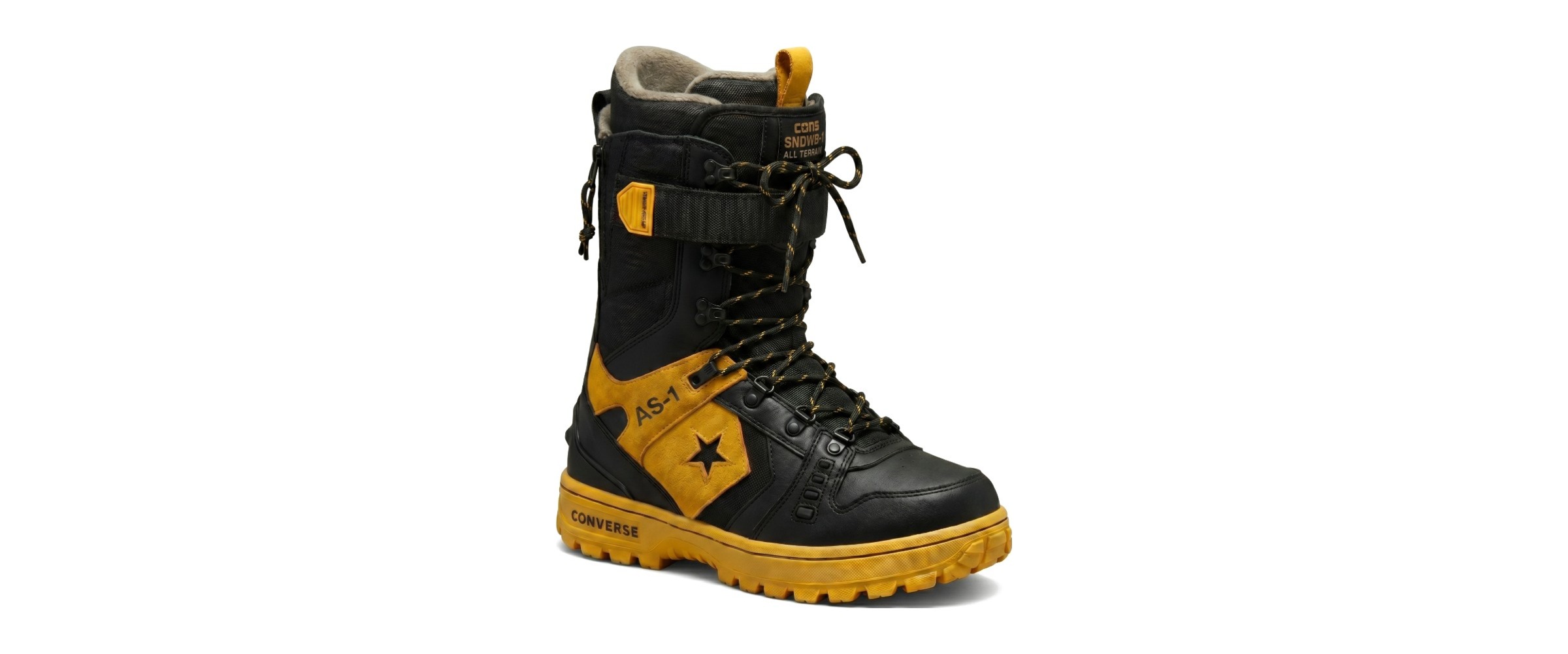 Converse CONS snowboard boot concept, black with gold suede star panel and gum lug sole