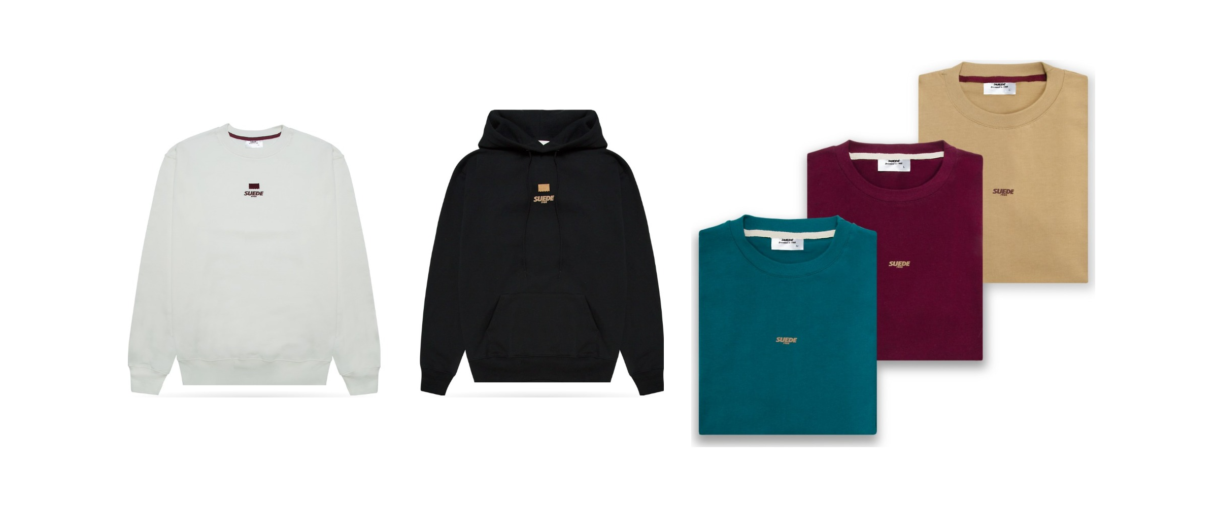 SUEDE1988 off-white crewneck, black hoodie and tees folded in teal, maroon and sand