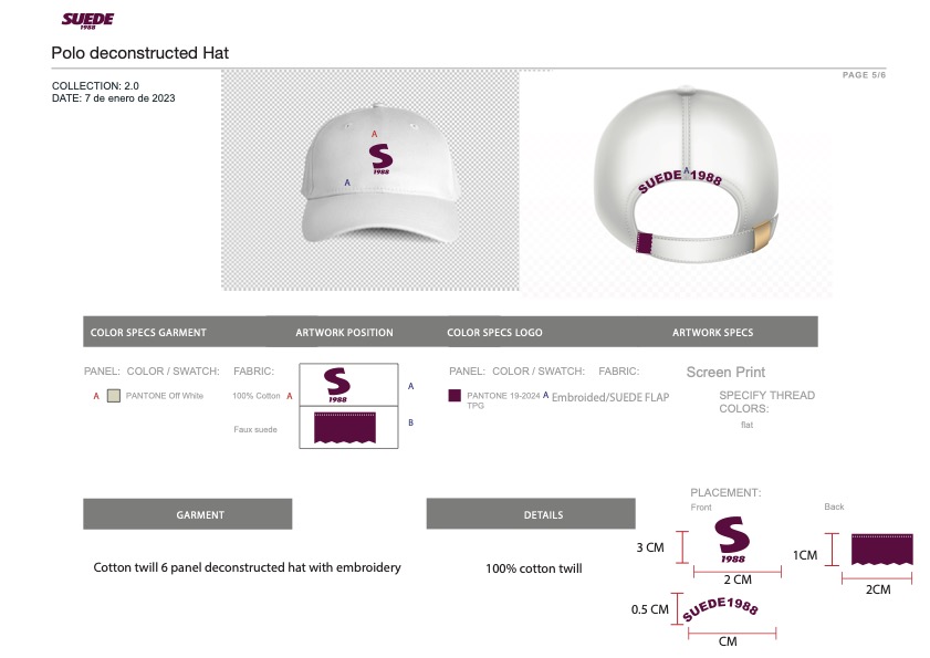 Polo deconstructed hat tech pack, colour specs, artwork position and placement