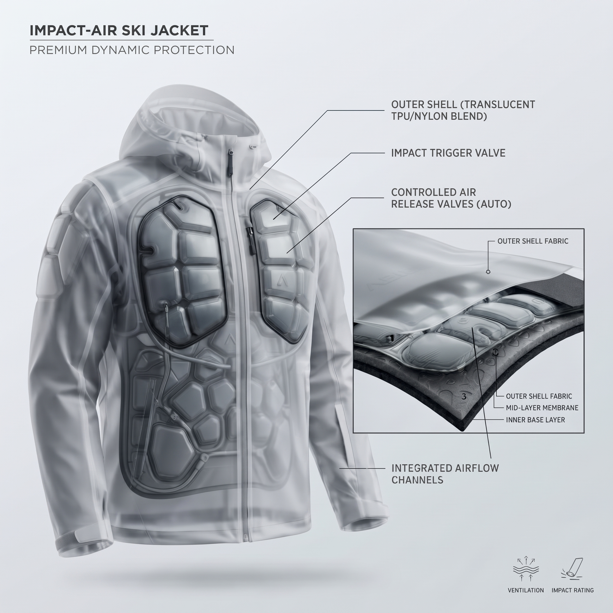 Impact-Air ski jacket, translucent shell render showing armour zones, trigger valve and layer construction