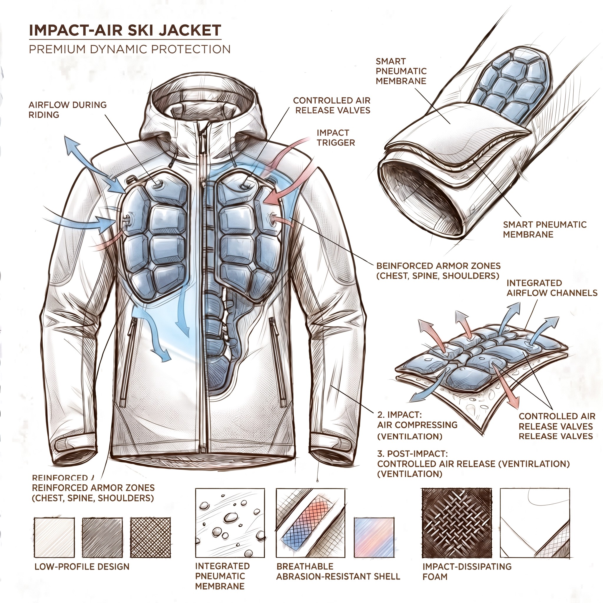 Impact-Air ski jacket concept sheet, airflow during riding, impact compression and controlled air release
