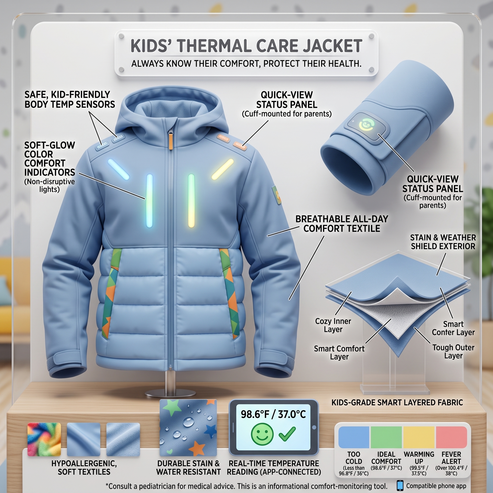 Kids thermal care jacket — comfort indicators and parent status panel