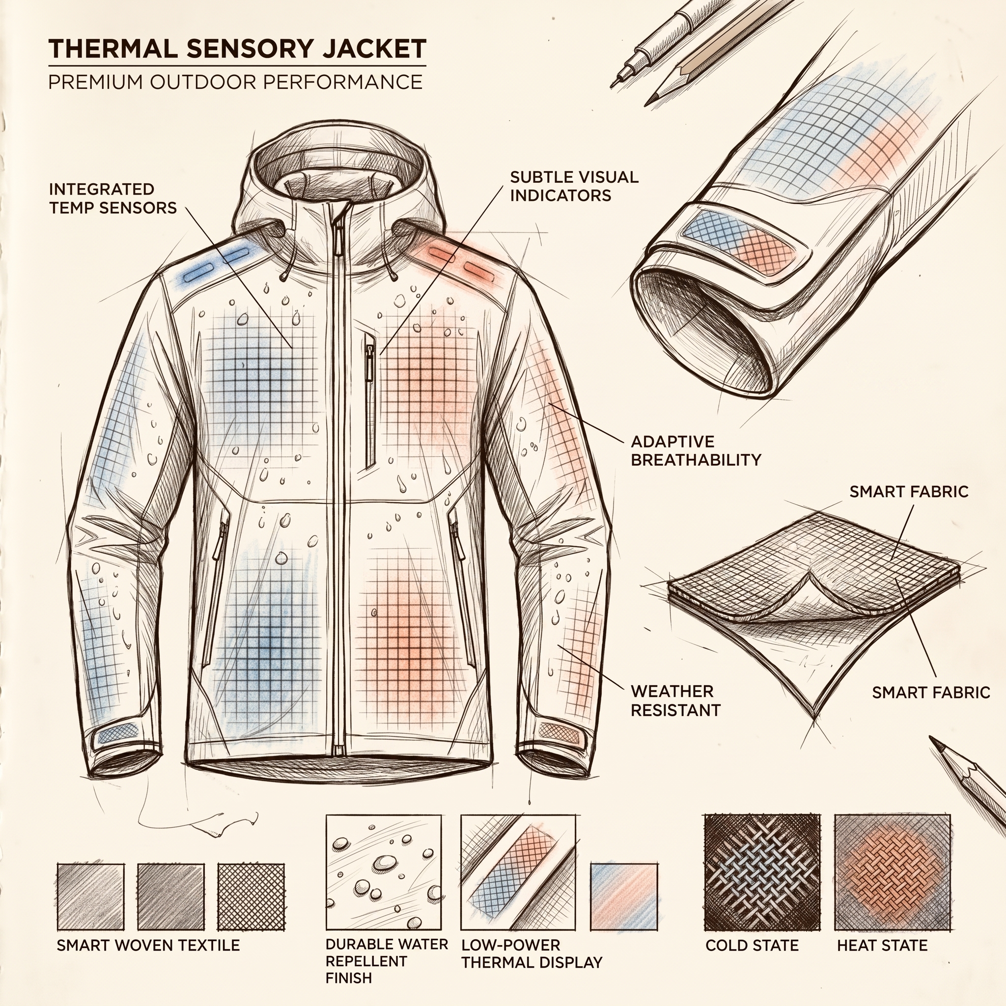 Thermal sensory jacket — concept sketch with sensors and smart fabric callouts