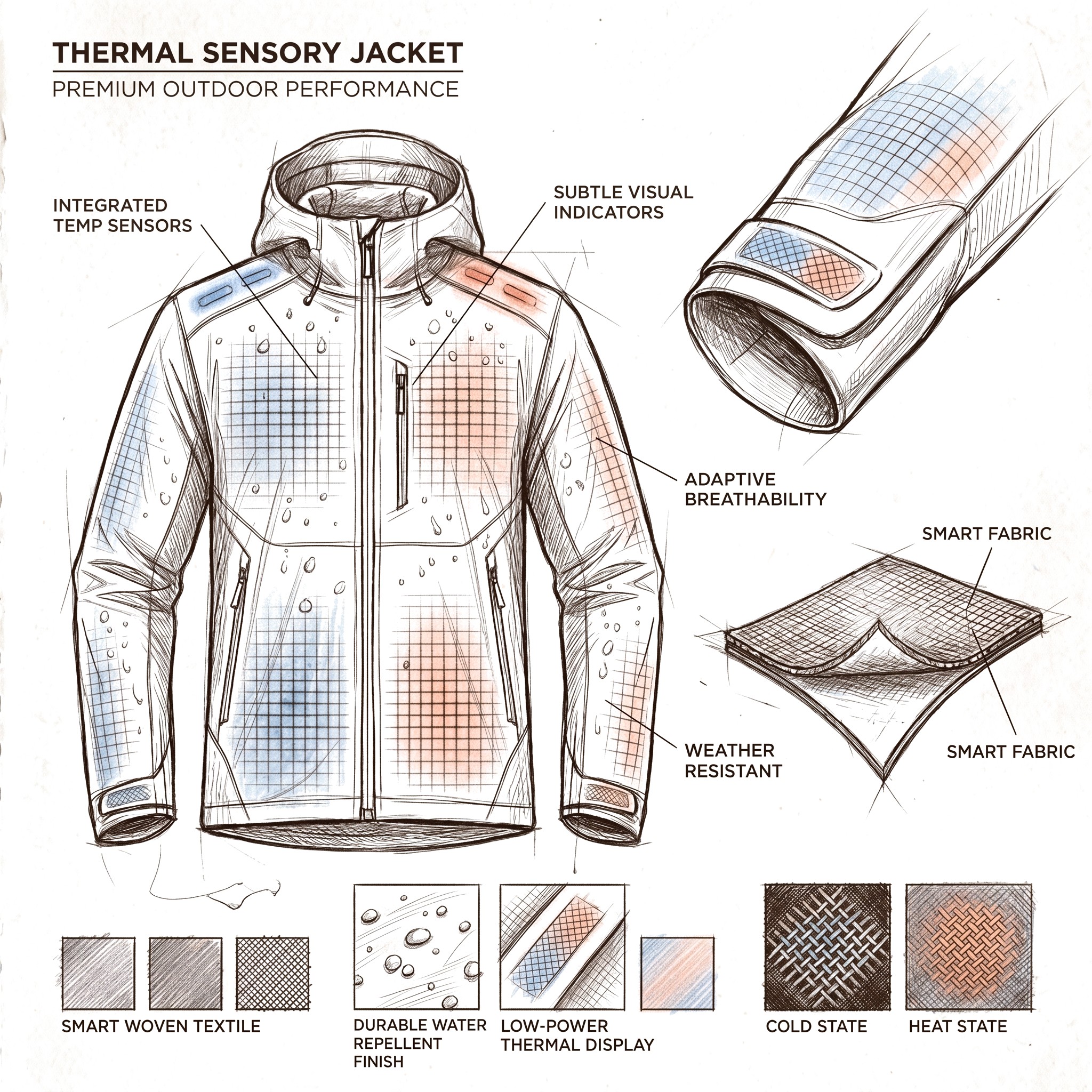 Thermal sensory jacket concept sheet with sensors and smart fabric callouts