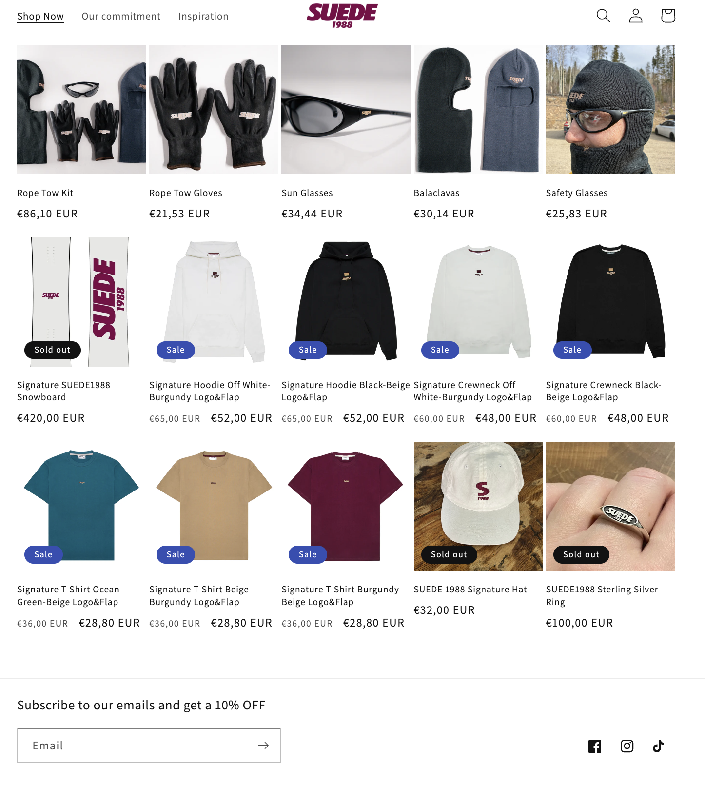 suede1988.com shop page with the full product range