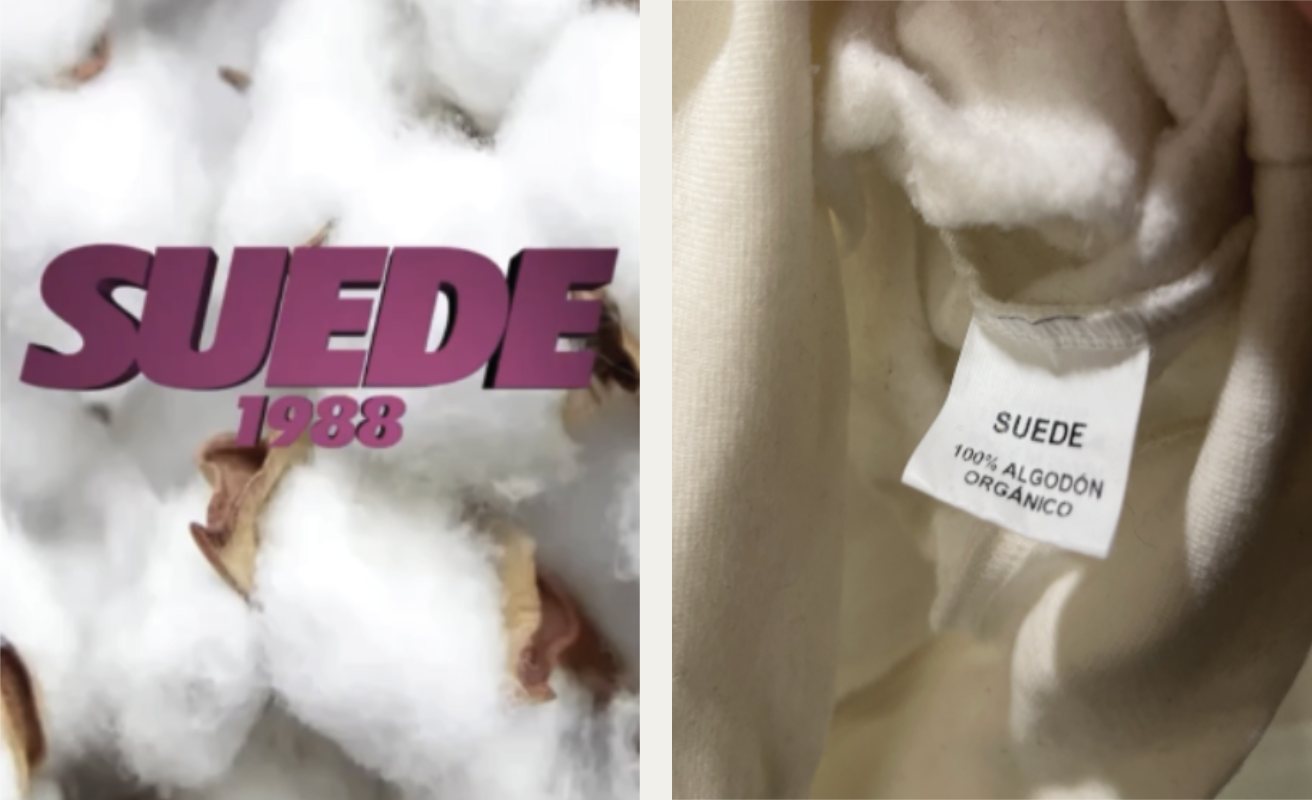 Raw organic cotton and the 100% algodón orgánico label inside a SUEDE1988 garment