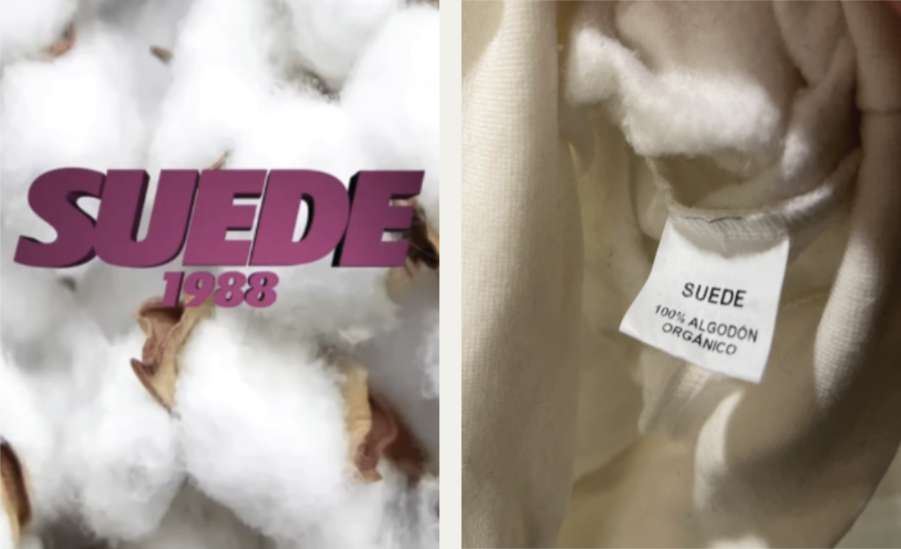 Raw organic cotton and the 100% algodón orgánico label inside a SUEDE1988 garment