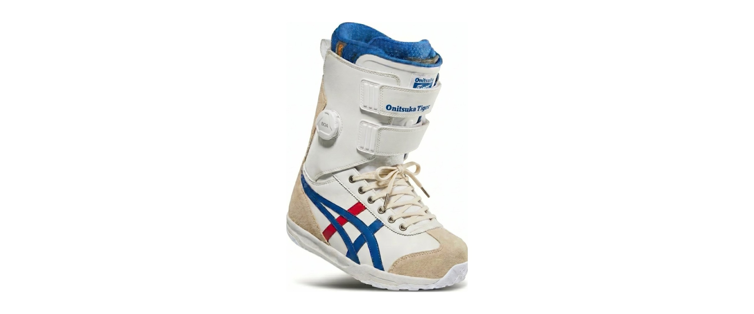 Onitsuka Tiger snowboard boot concept in white and beige with blue and red stripes, BOA and straps